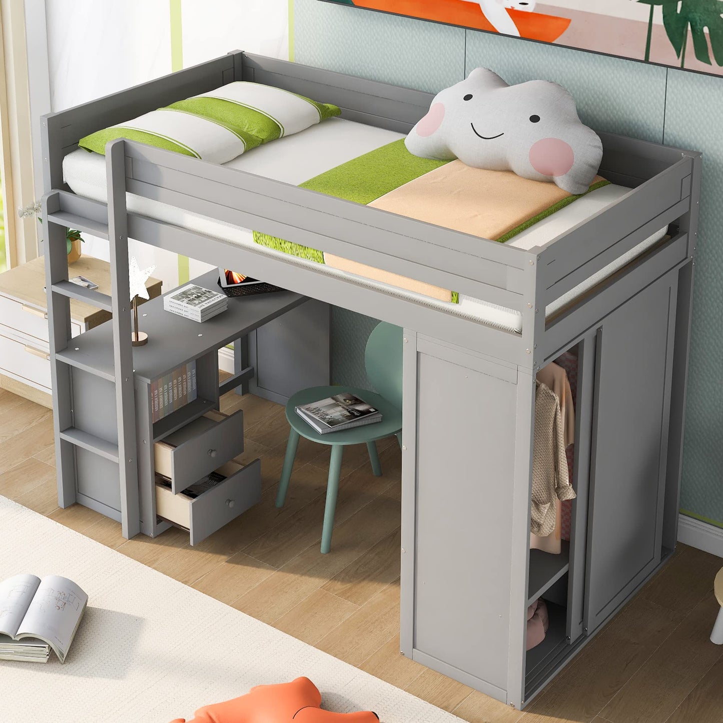 KELESY Wood Loft Bed with Desk, Wardrobe & Storage | Multi-Functional Loft Bed Frame for Adults & Teens