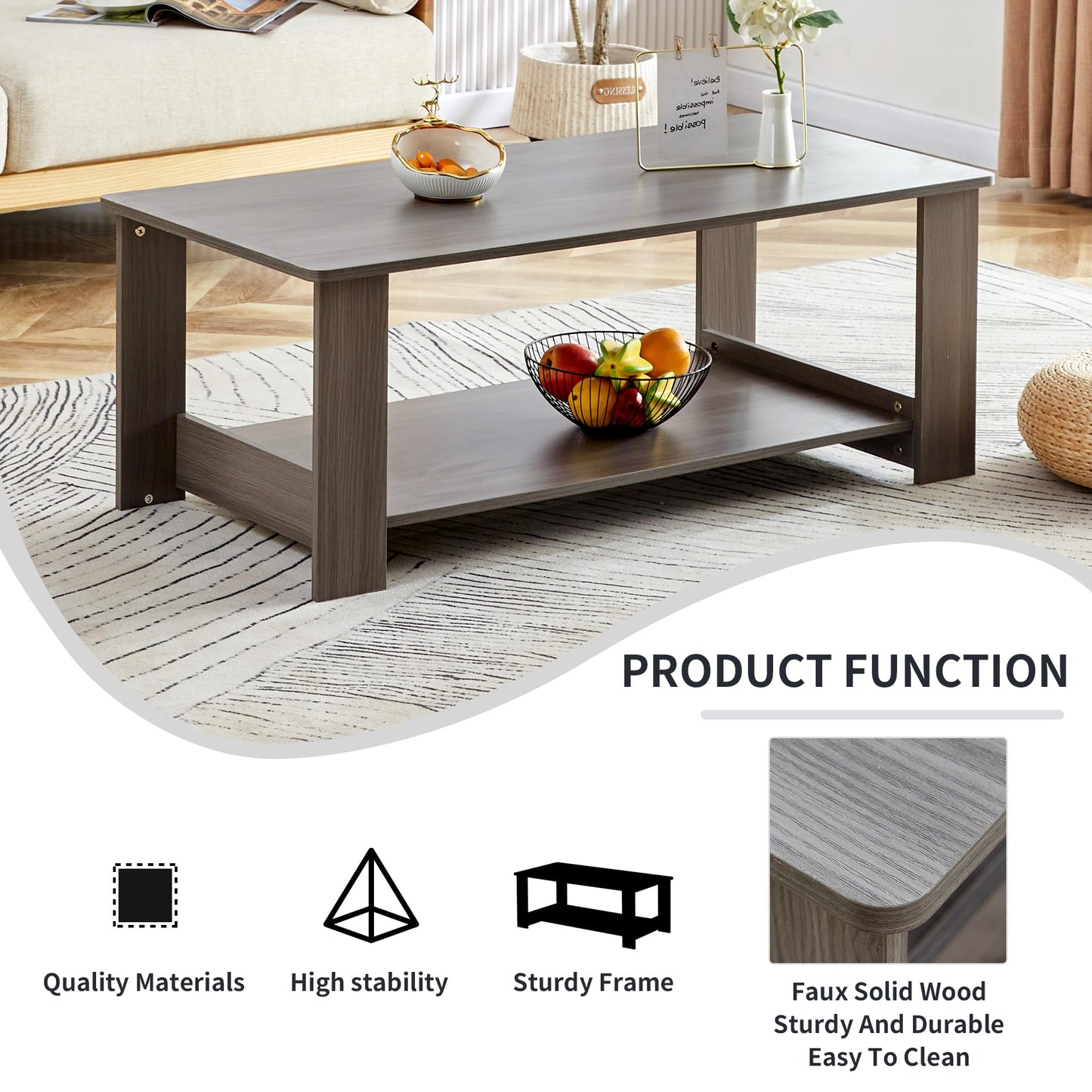 KELESY Modern Double-Layered Coffee Table - Rustic MDF Center Table for Living Room