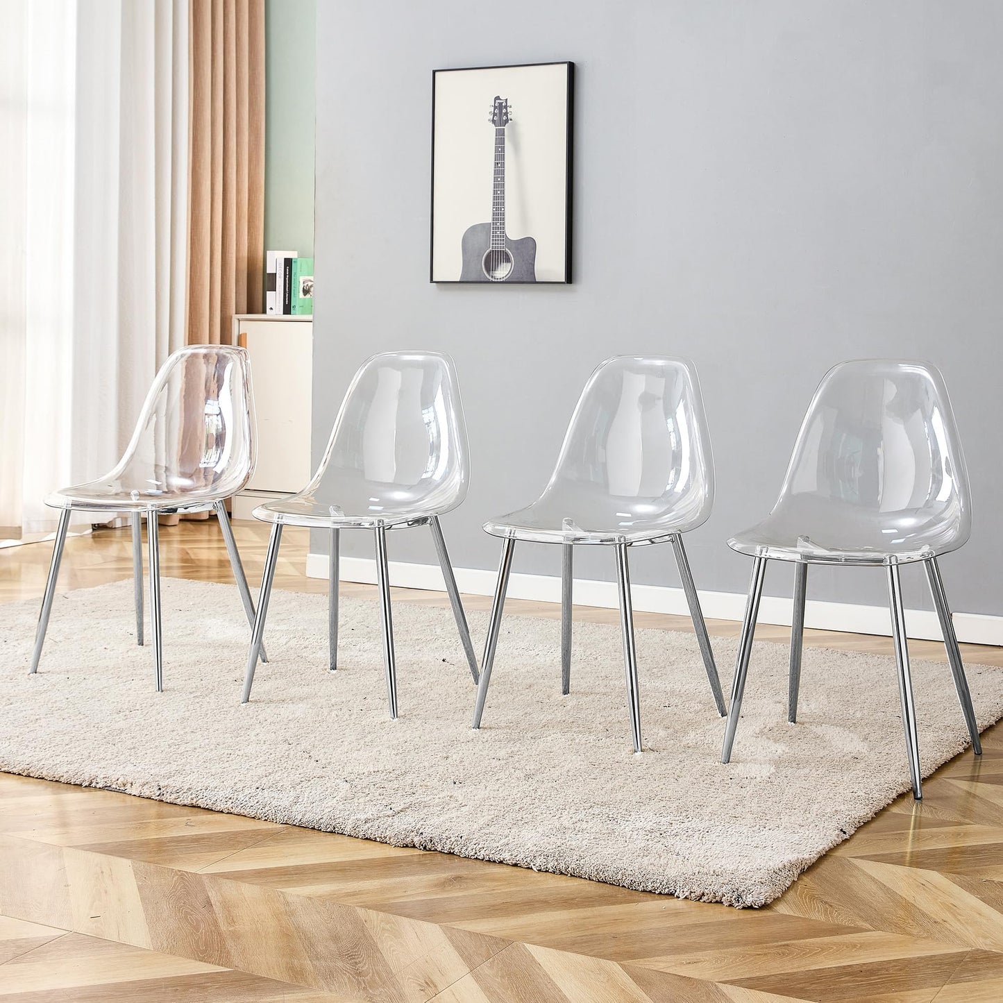 KELESY Modern Minimalist Transparent Dining Chair, Plastic Chair, Armless Crystal Chair, Nordic Creative Makeup Stool, Negotiation Chair, Silver Plated Metal Leg 6-Piece Set