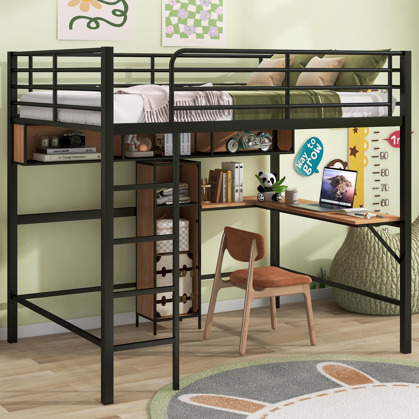 KELESY Full Size Metal & Wood Loft Bed with L -Shaped Desk and Shelves, Black and Brown
