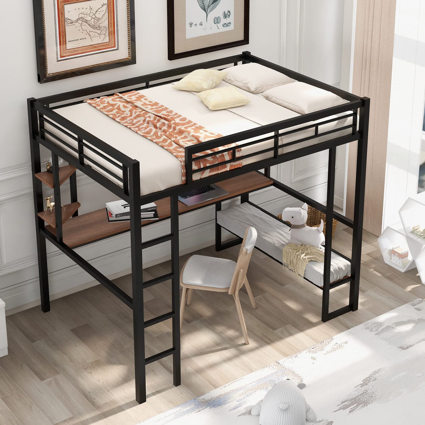 KELESY Full Size Loft Bed with Desk and Shelves, Heavy Duty Metal & MDF Construction, Black