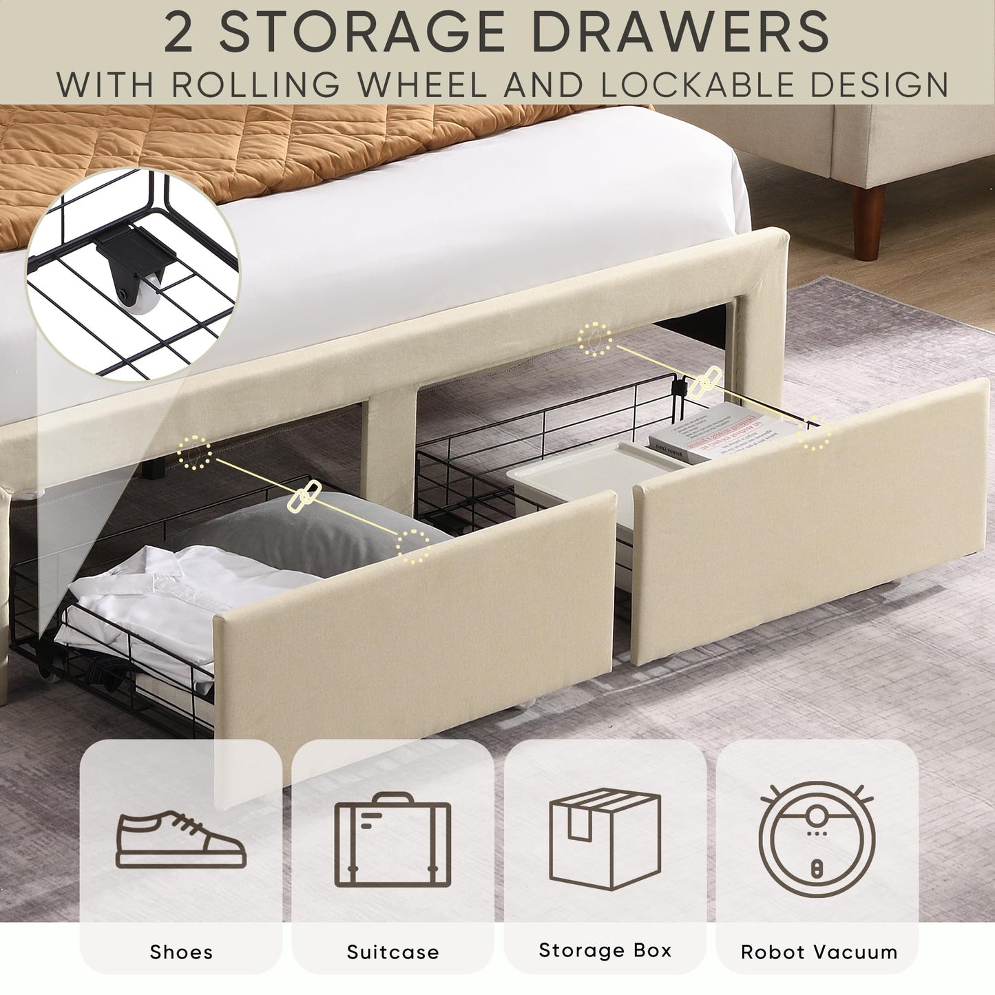 KELESY Bed Frame with 2 Storage Drawers, Upholstered Bed Frame with Wingback Headboard Storage Shelf Built-in USB Charging Stations and Strong Wood Slats Support, No Box Spring Needed