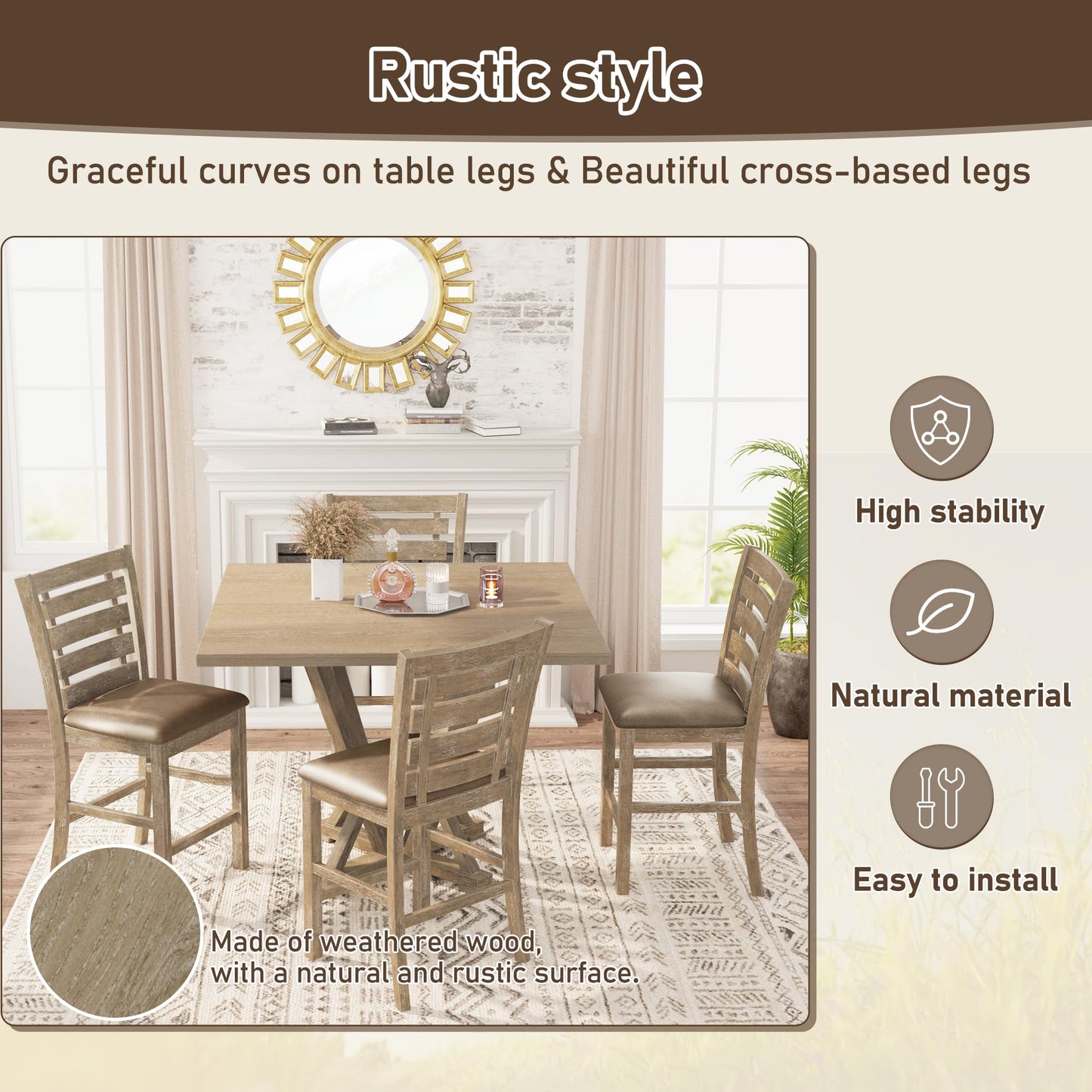 KELESY Set of 2 Dining Counter Height Chairs Modern Farmhouse Rustic Look Distressed Design Ladderback Solid Wood