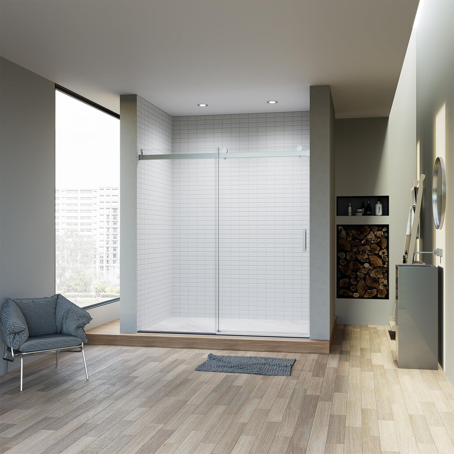Frameless Sliding Glass Shower Door–68-72" W * 76" H Adjustable Width Shower Door–Shower Door with Buffer and 3/8" (10mm) Thick SGCC Tempered Glass Door,Reversible Installation,Chrome Finish