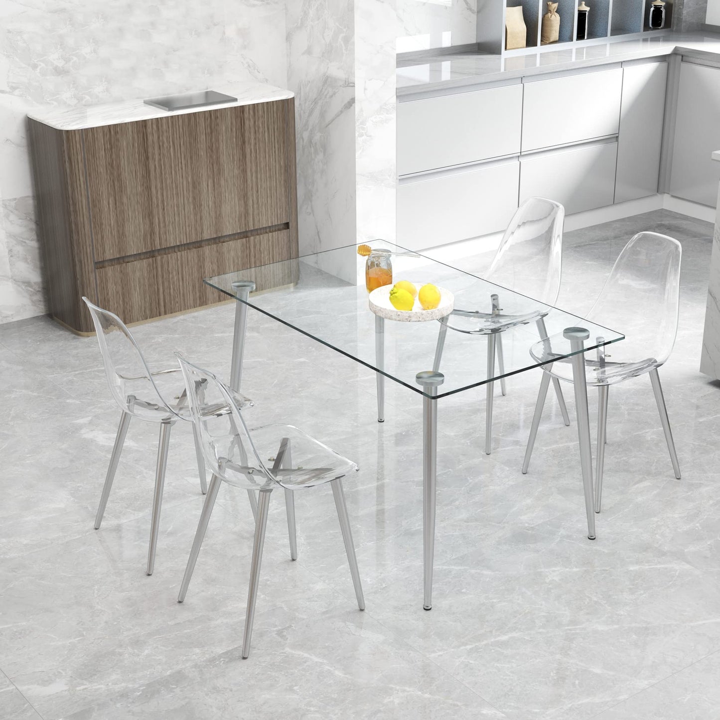 KELESY Modern Minimalist Transparent Dining Chair, Plastic Chair, Armless Crystal Chair, Nordic Creative Makeup Stool, Negotiation Chair, Silver Plated Metal Leg 6-Piece Set