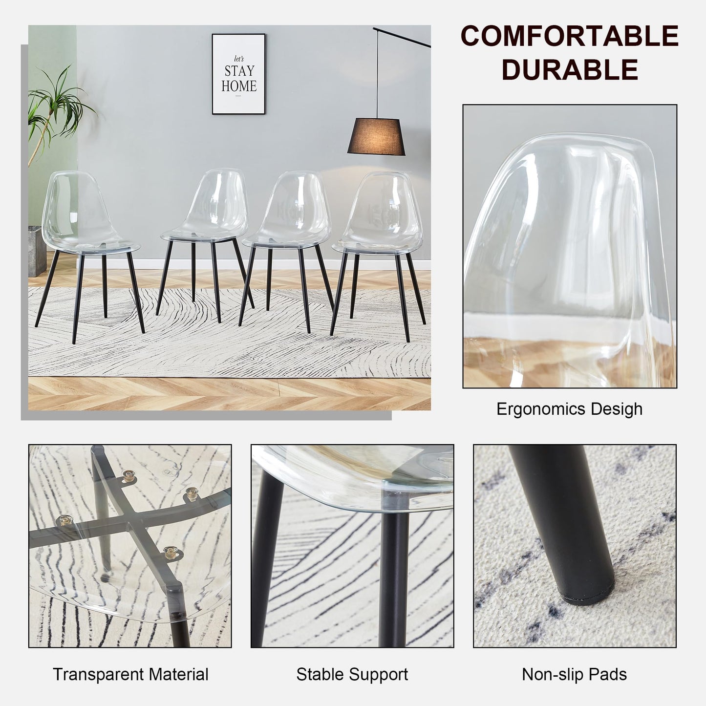 KELESY Modern Minimalist Transparent Dining Chair, Plastic Chair, Armless Crystal Chair, Nordic Creative Makeup Stool, Negotiation Chair, Set of 4 Pieces, Black
