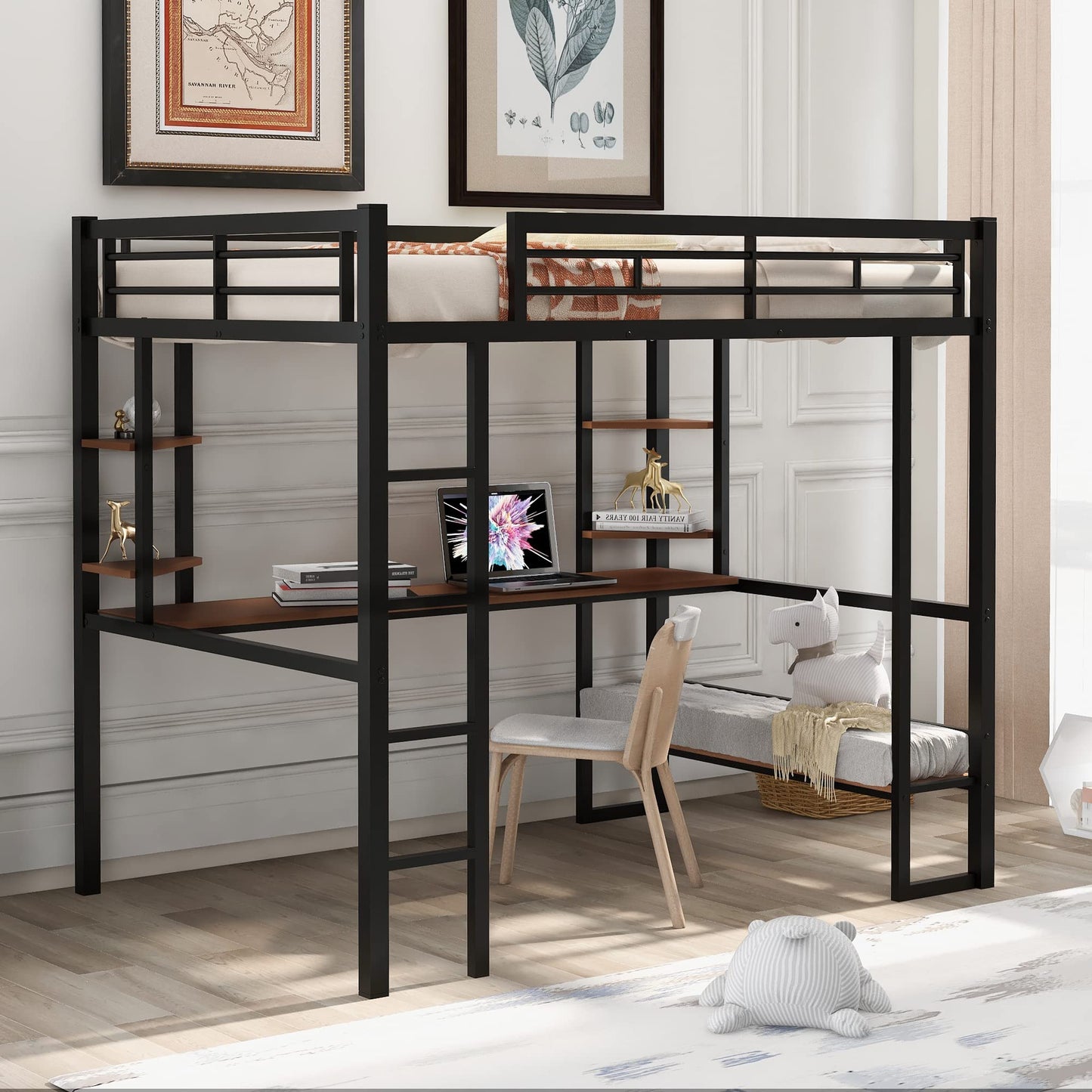 KELESY Full Size Loft Bed with Desk and Shelves, Heavy Duty Metal & MDF Construction, Black