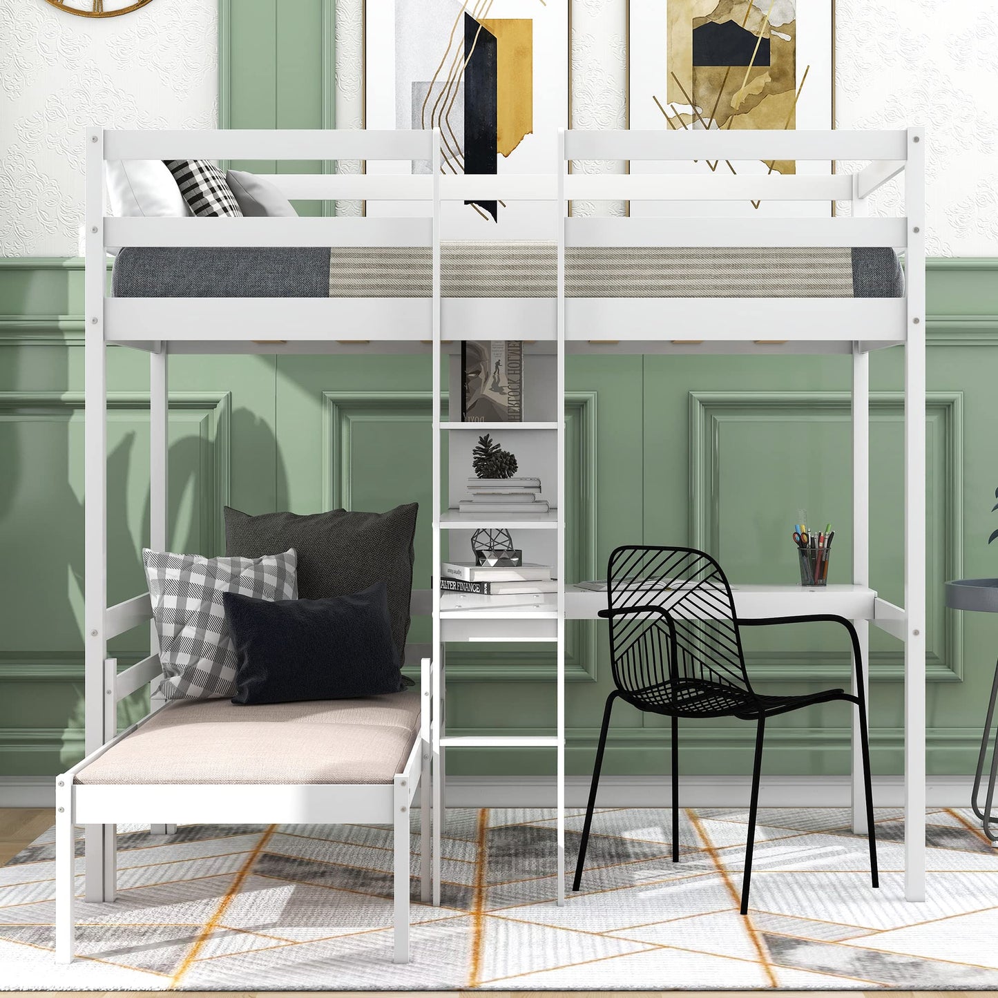 KELESY Convertible Loft Bed with L-Shape Desk, Twin Bunk Bed with Shelves and Ladder, White