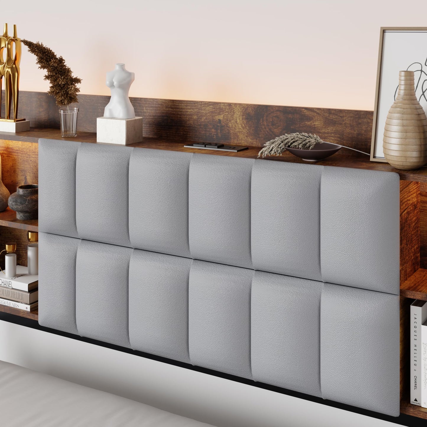 KELESY Bed Frame with 2 Storage Drawers, Upholstered Queen/King Bed Frame with Charging Station, No Box Spring Needed, Easy Assembly, Vintage Dark Brown