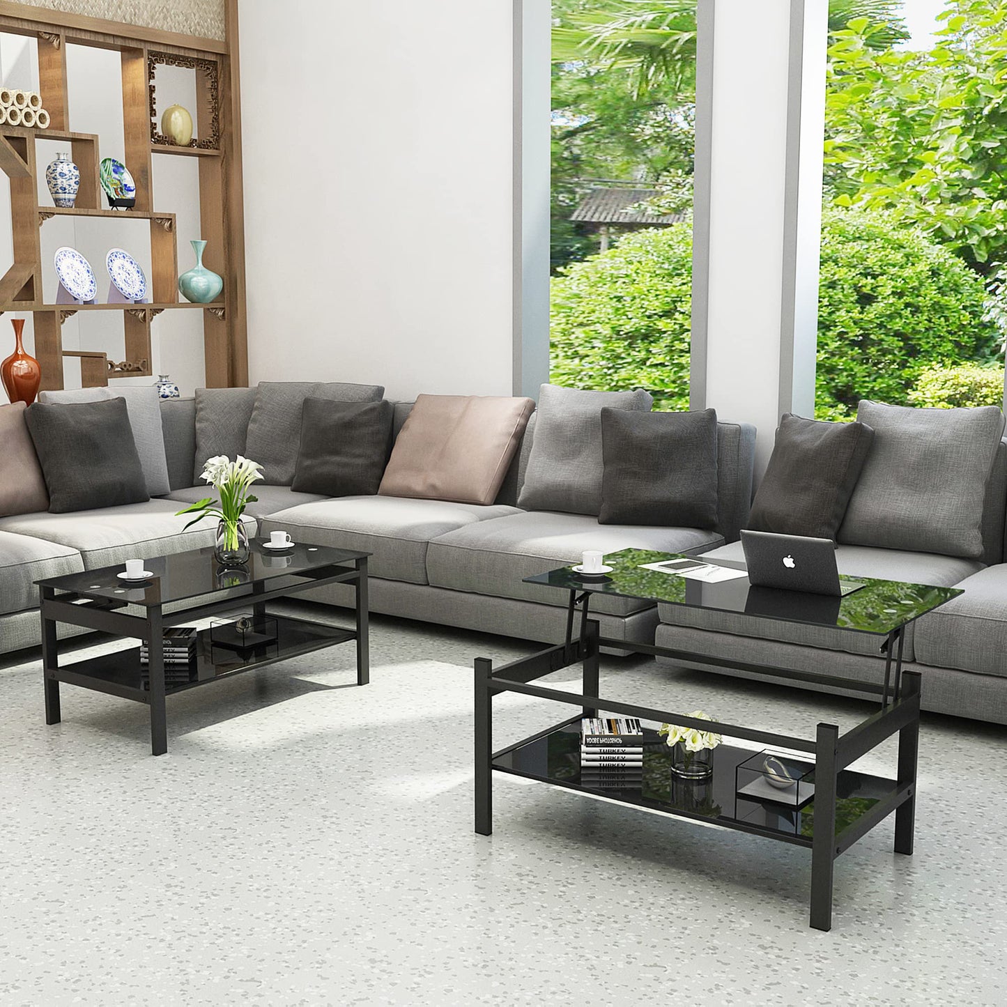 KELESY Glass Lift-Top Coffee Table, Modern Simple 2-Layer Tempered Glass Coffee Table for Living Room, Black