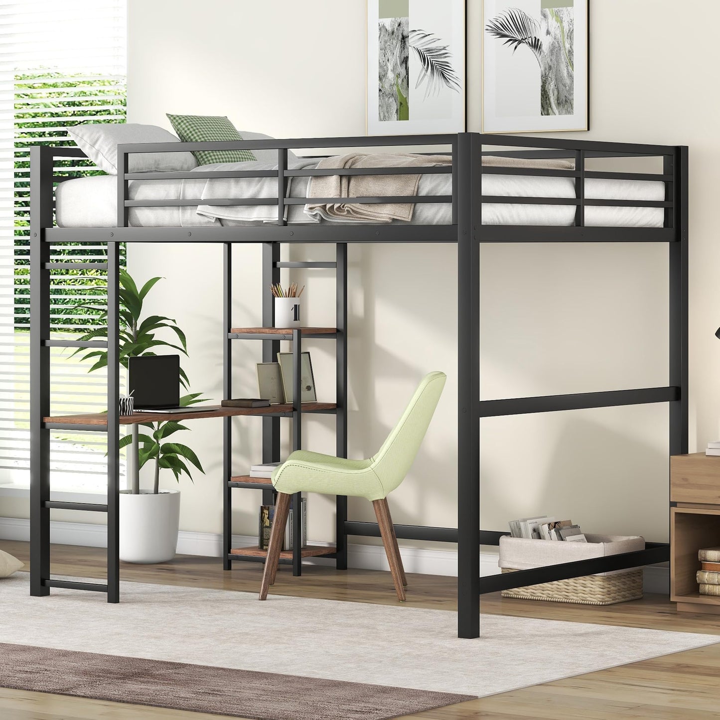 KELESY Full Size Metal Loft Bed with Built-in Desk and Storage Shelves, Black