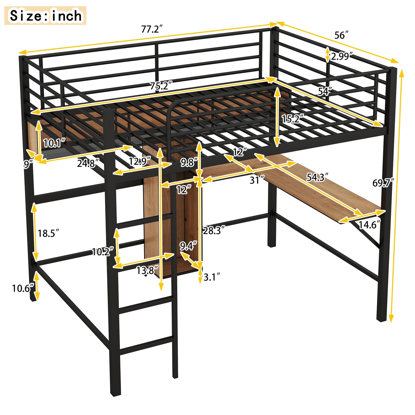 KELESY Full Size Metal & Wood Loft Bed with L -Shaped Desk and Shelves, Black and Brown