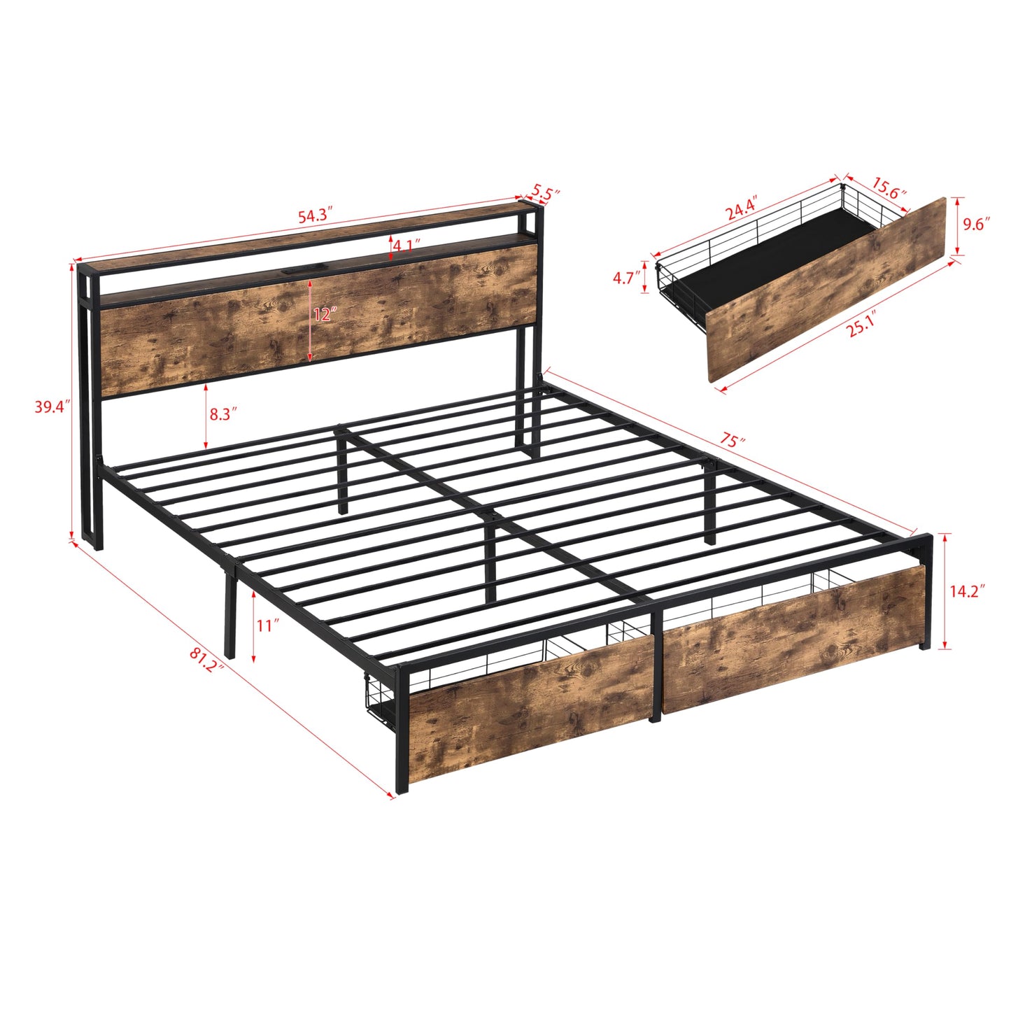 KELESY Bed Frame with 2 Storage Drawers, Storage Headboard with Charging Station, Solid and Stable, Noise Free, No Box Spring Needed, Easy Assembly, Dark Brown