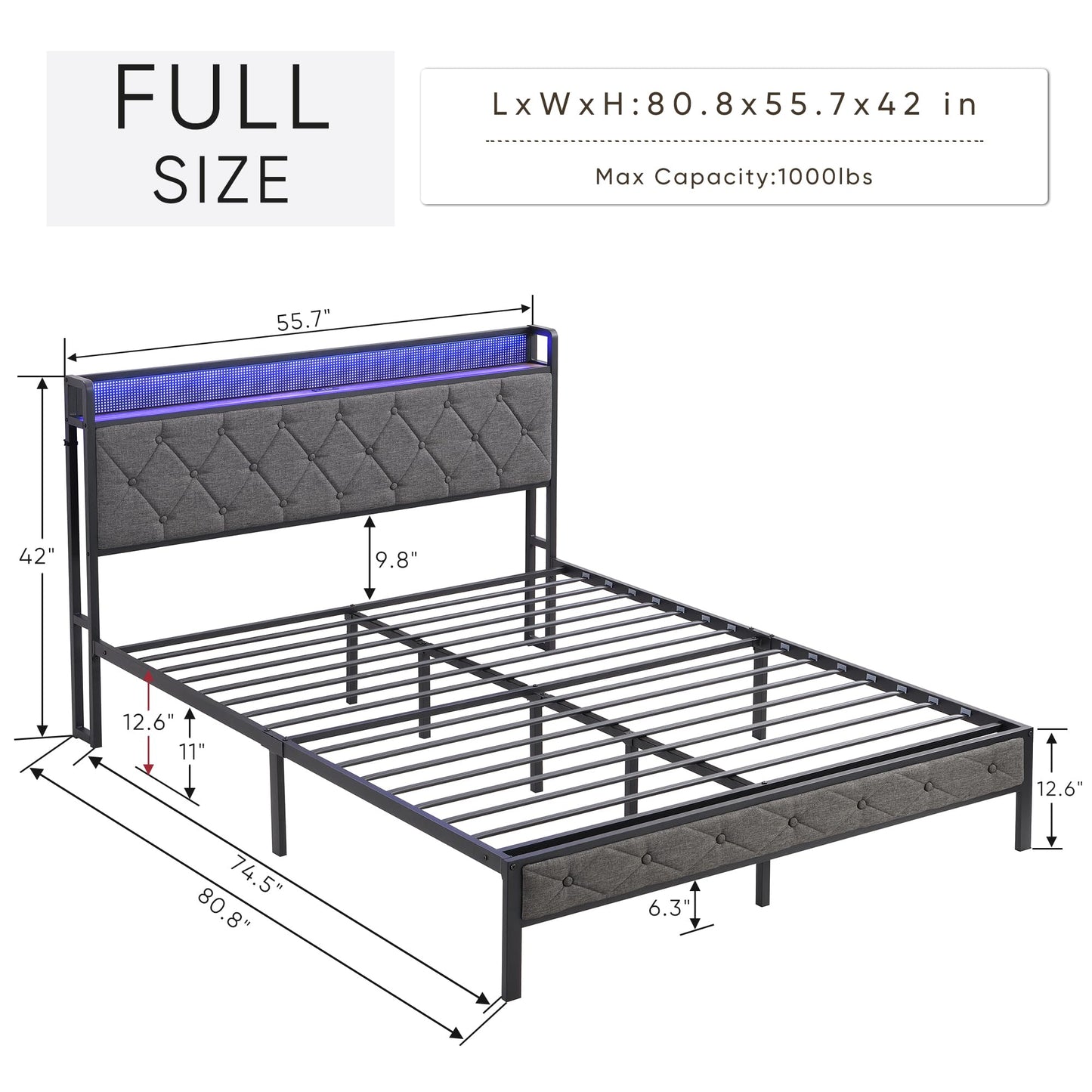 KELESY Bed Frame with Storage Headboard & Charging Station, Upholstered Platform Bed with Heavy Metal Slats, No Box Spring Needed, Noise Free, Easy Assembly, Dark Gray