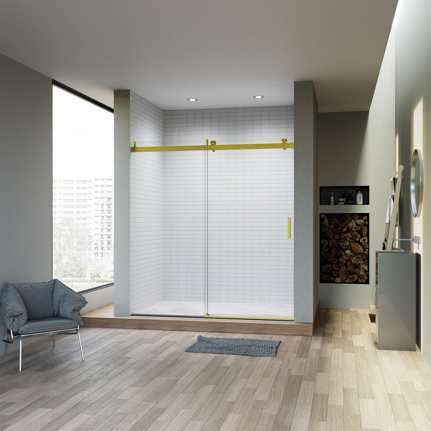 Frameless Sliding Glass Shower Door–68-72" W * 76" H Adjustable Width Shower Door–Shower Door with Buffer and 3/8" 10mm Thick SGCC Tempered Glass Door,Reversible Installation,Brushed Gold