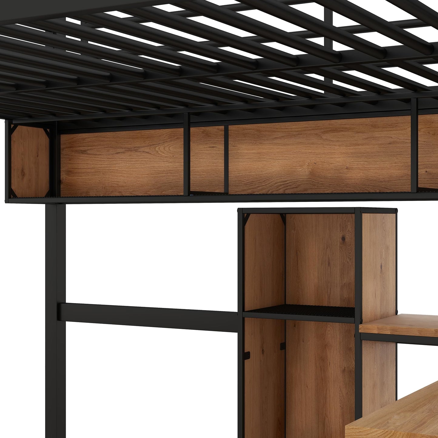 KELESY Full Size Metal & Wood Loft Bed with L -Shaped Desk and Shelves, Black and Brown