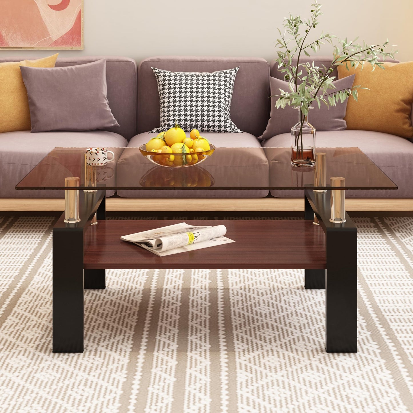 KELESY Modern Rectangle Coffee Table with Tempered Glass Top and MDF Layer - Stylish Living Room Glass Table