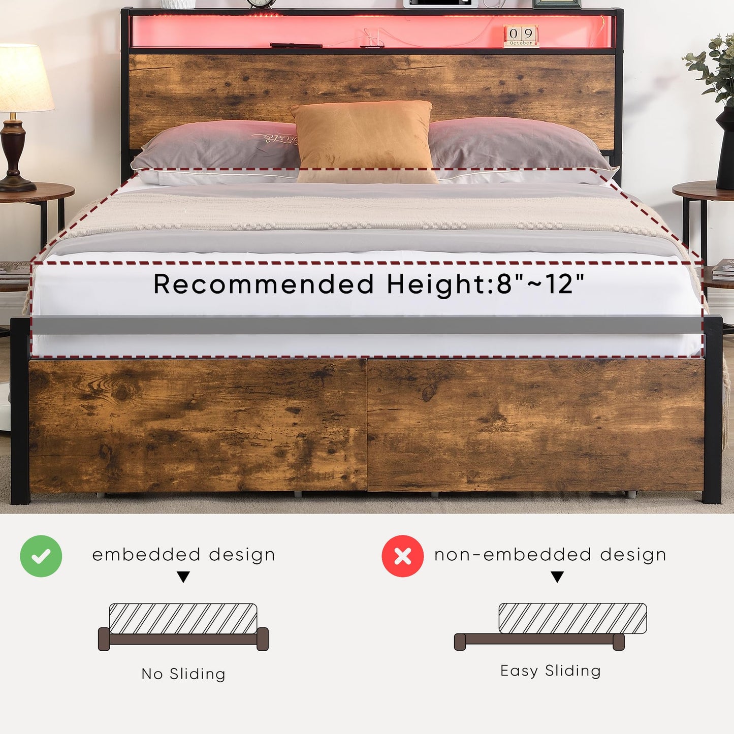 KELESY Bed Frame with Storage Headboard and 2 Drawers & Charging Station, Metal Platform Bed No Noise, Mattress Foundation Strong Metal Slats Support No Box Spring Needed