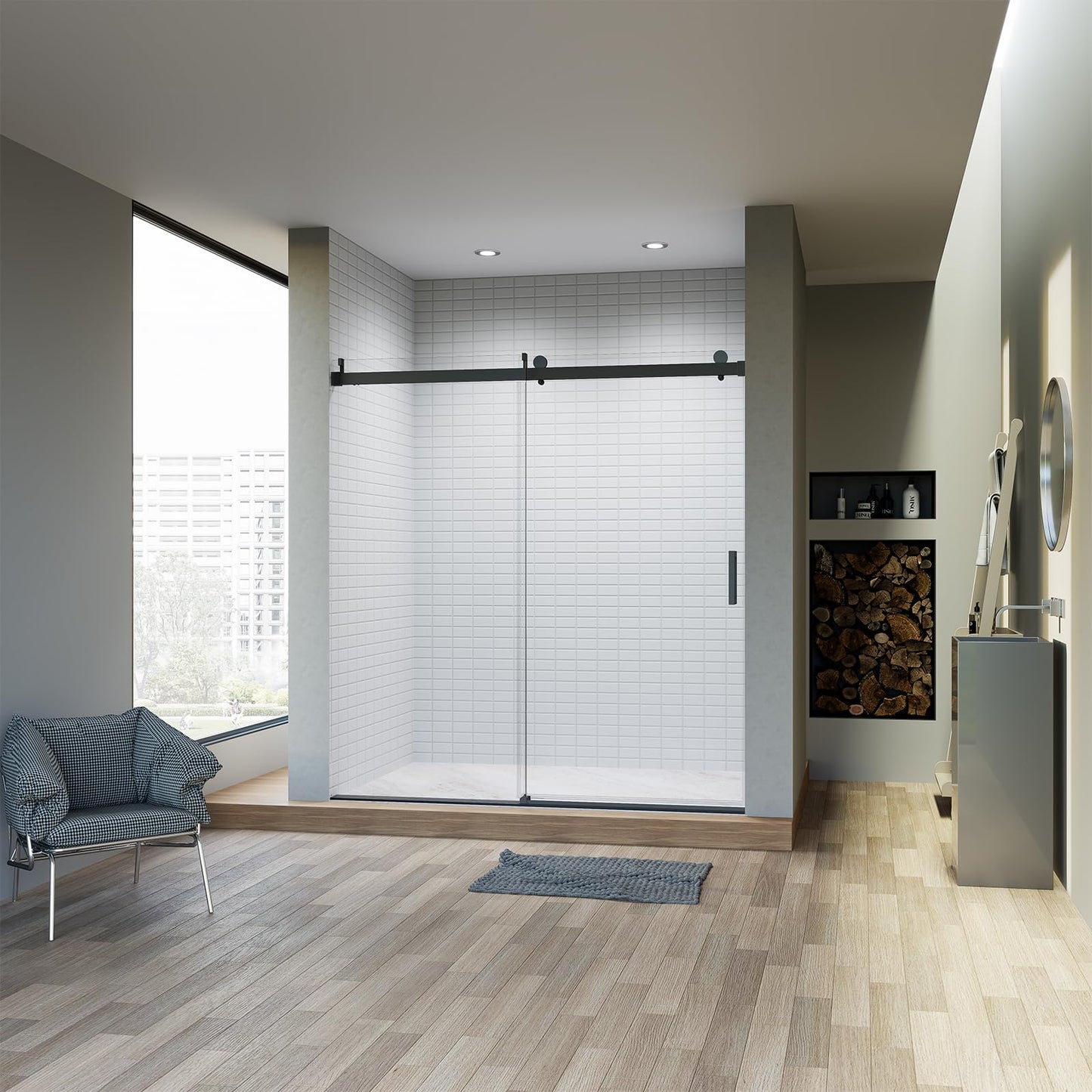 Frameless Sliding Glass Shower Door–68-72" W * 76" H Adjustable Width Shower Door–Shower Door with Buffer and 3/8" (10mm) Thick SGCC Tempered Glass Door,Reversible Installation,Matte Black