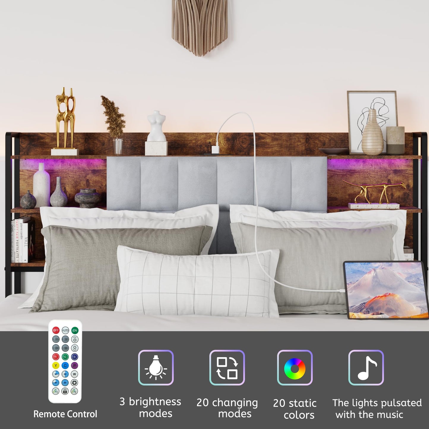 KELESY Bed Frame with 2 Storage Drawers, Upholstered Queen/King Bed Frame with Charging Station, No Box Spring Needed, Easy Assembly, Vintage Dark Brown