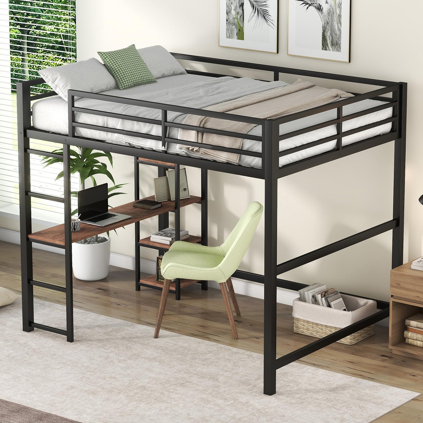 KELESY Full Size Metal Loft Bed with Built-in Desk and Storage Shelves, Black