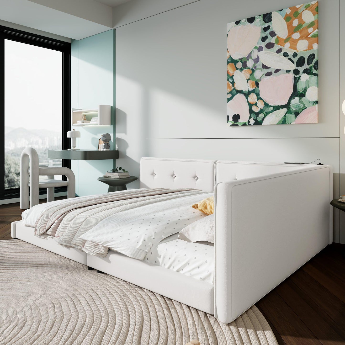 KELESY Daybed with Storage, Upholstered Corner Bed Frame with Drawers, Floor Bed Frame with USB Charging, L Shaped Bed Frame with Solid Slats Support for Teens Adults