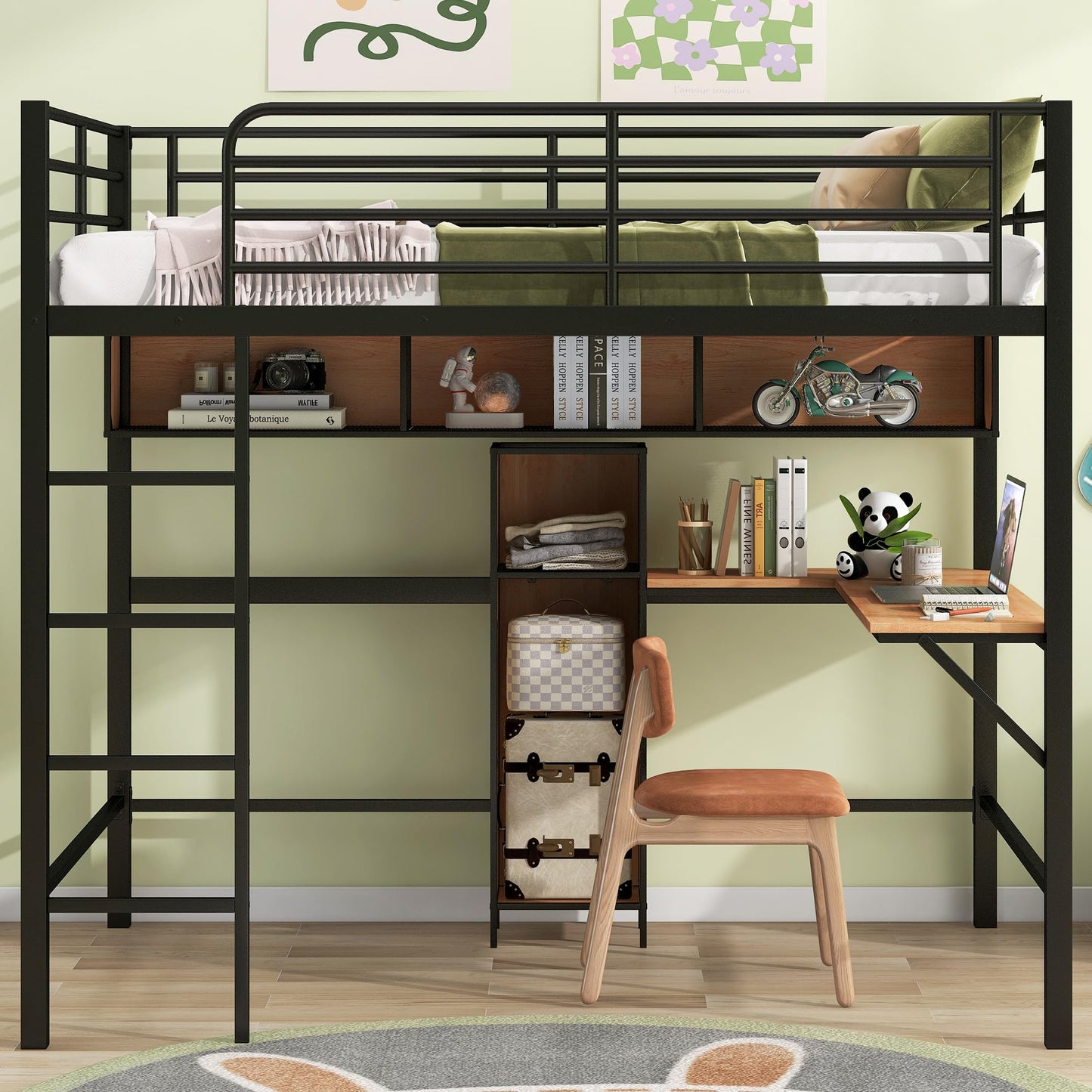 KELESY Full Size Metal & Wood Loft Bed with L -Shaped Desk and Shelves, Black and Brown