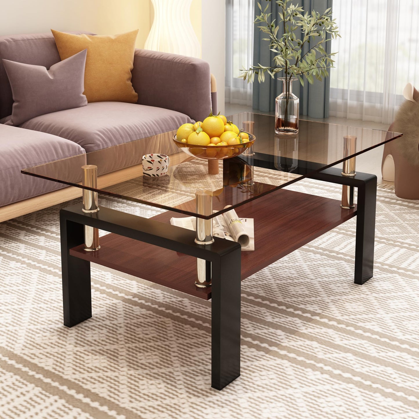 KELESY Modern Rectangle Coffee Table with Tempered Glass Top and MDF Layer - Stylish Living Room Glass Table