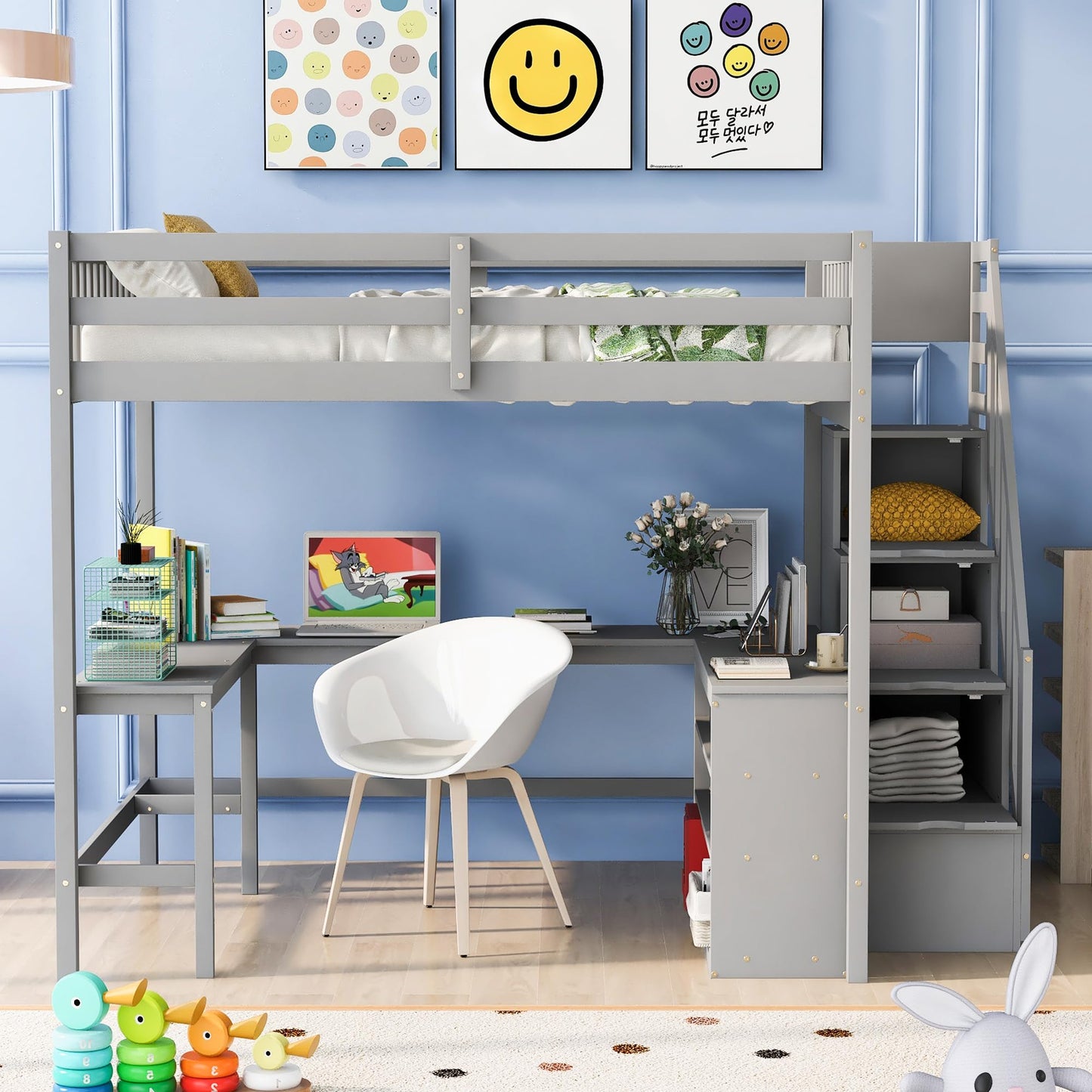 KELESY Full Size Loft Bed with Built-in L-Shaped Desk and Three-Tier Storage Shelves,and Attached Storage Staircase