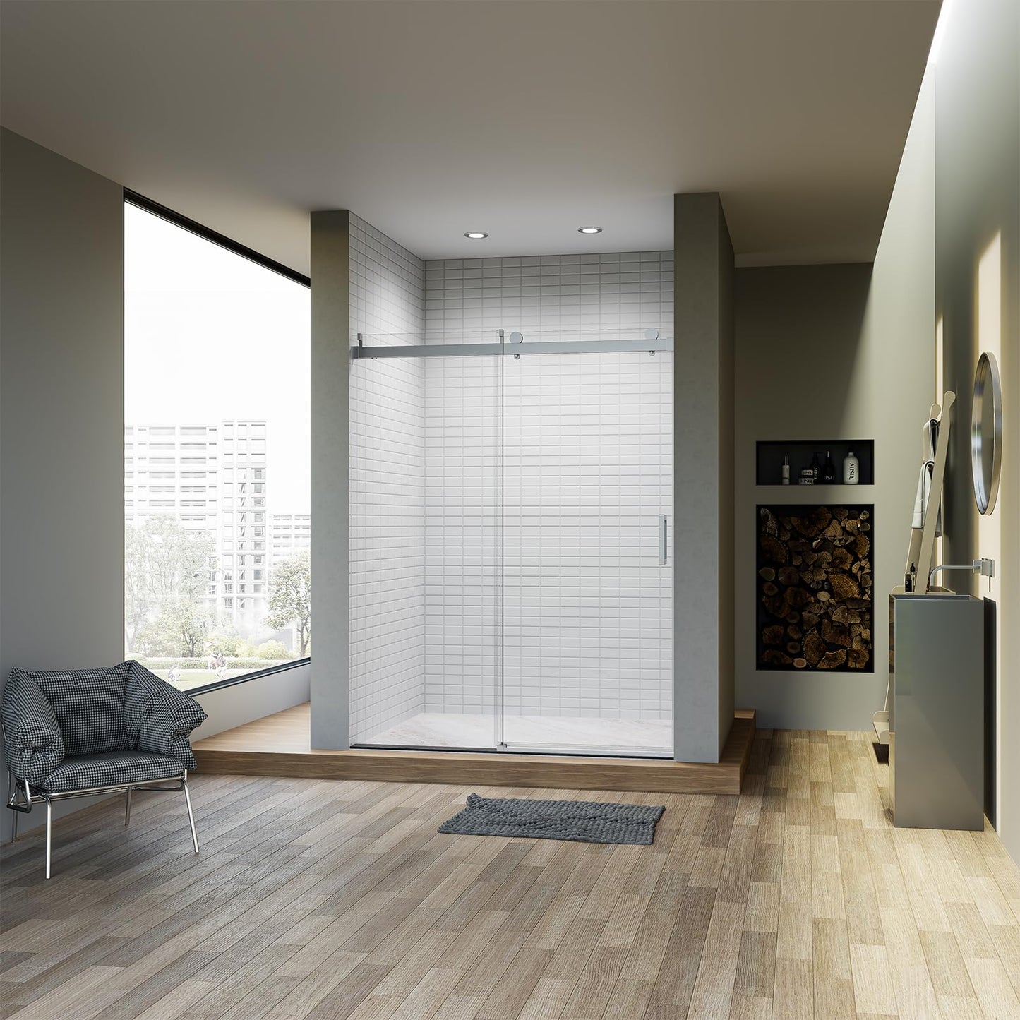 Frameless Sliding Glass Shower Door–56-60" W * 76" H Adjustable Width Shower Door–Shower Door with Buffer and 3/8" (10mm) Thick SGCC Tempered Glass Door,Reversible Installation,Chrome Finish