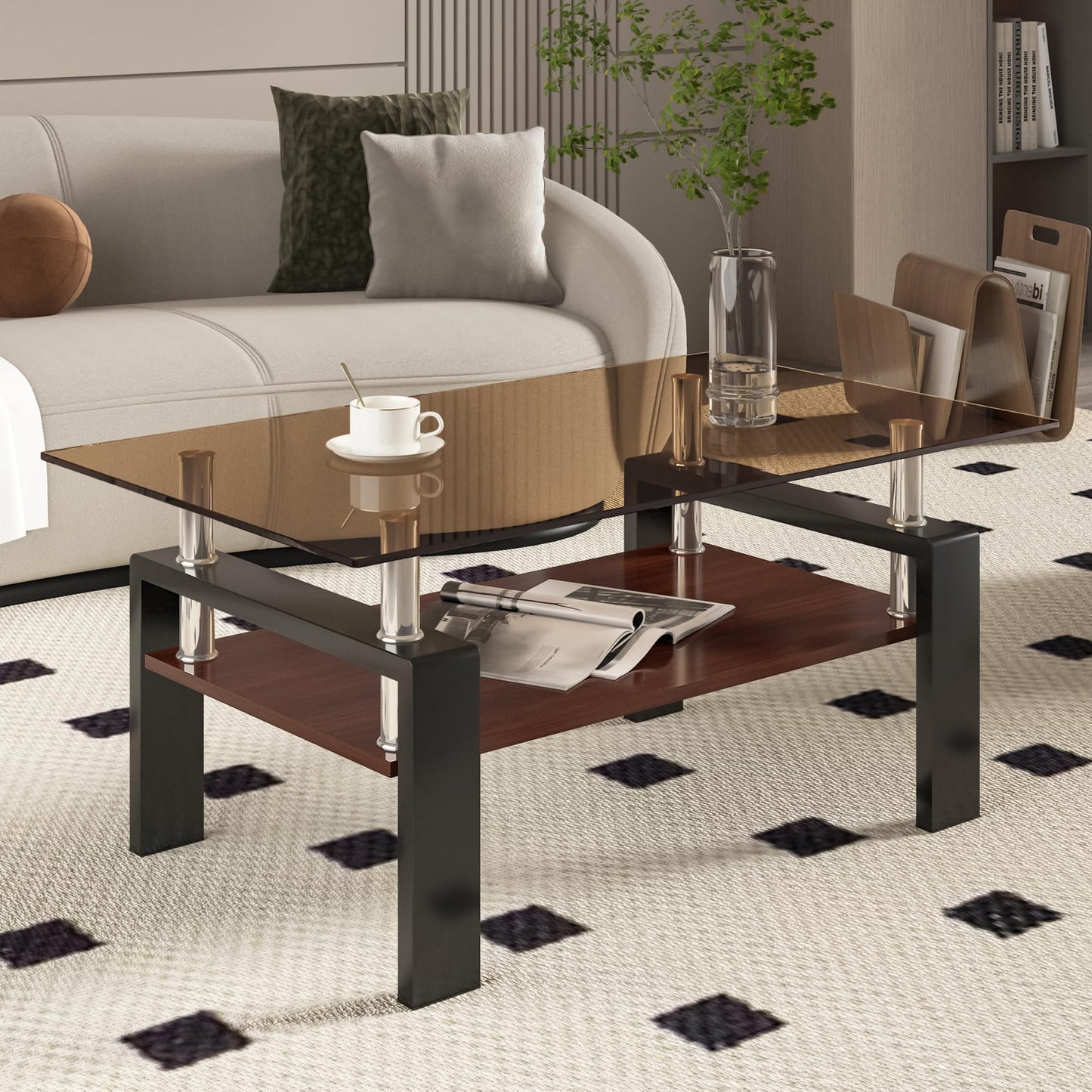 KELESY Modern Rectangle Coffee Table with Tempered Glass Top and MDF Layer - Stylish Living Room Glass Table