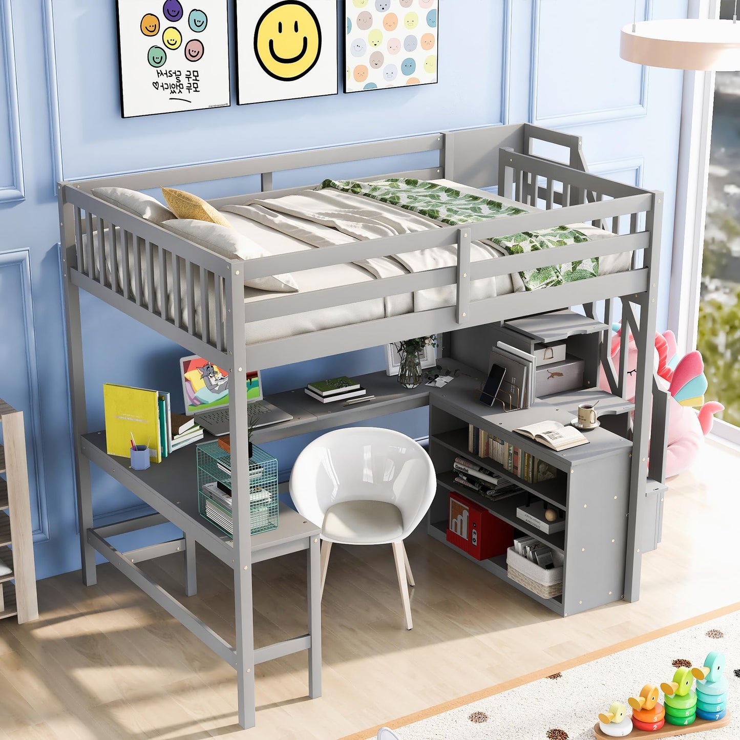 KELESY Full Size Loft Bed with Built-in L-Shaped Desk and Three-Tier Storage Shelves,and Attached Storage Staircase