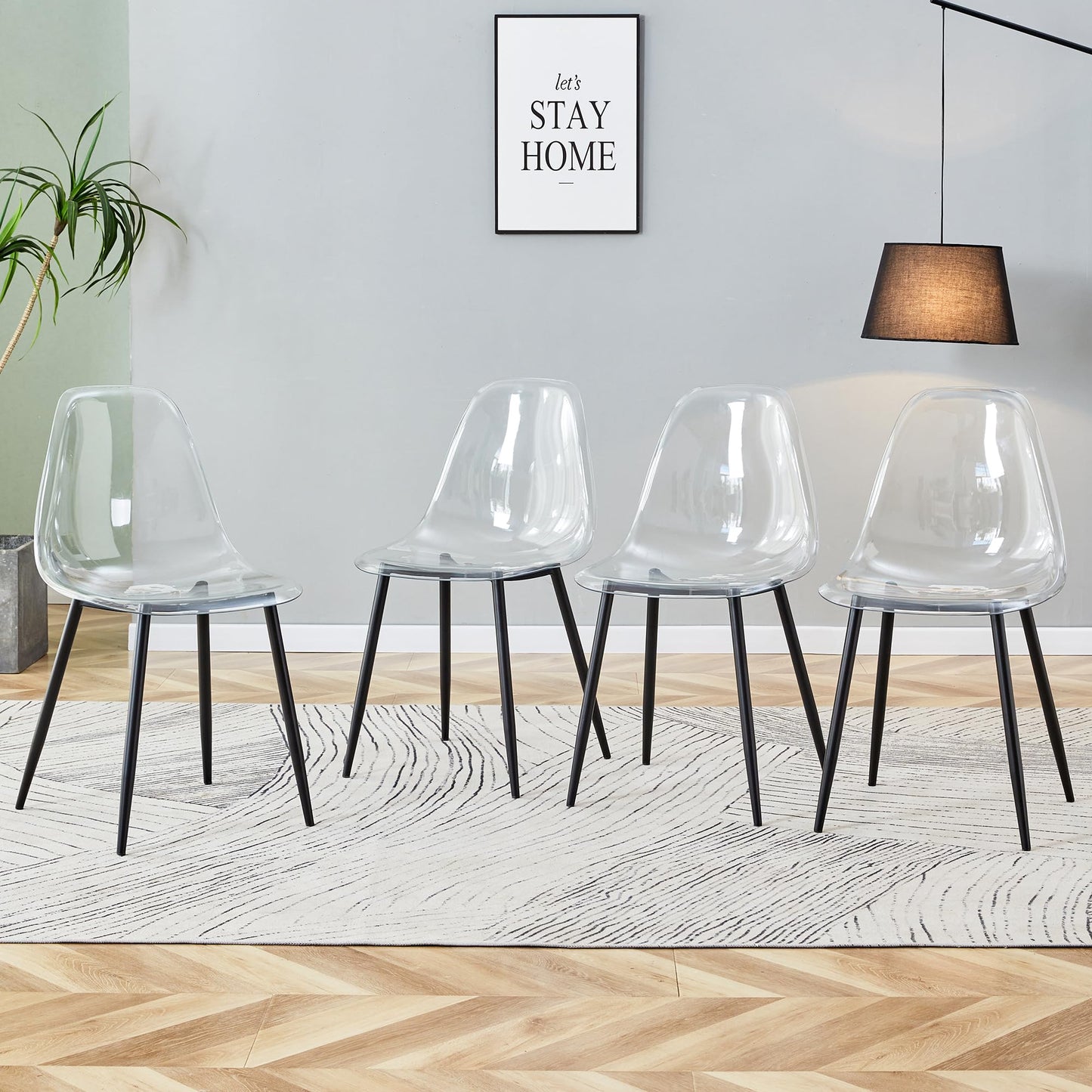 KELESY Modern Minimalist Transparent Dining Chair, Plastic Chair, Armless Crystal Chair, Nordic Creative Makeup Stool, Negotiation Chair, Set of 4 Pieces, Black