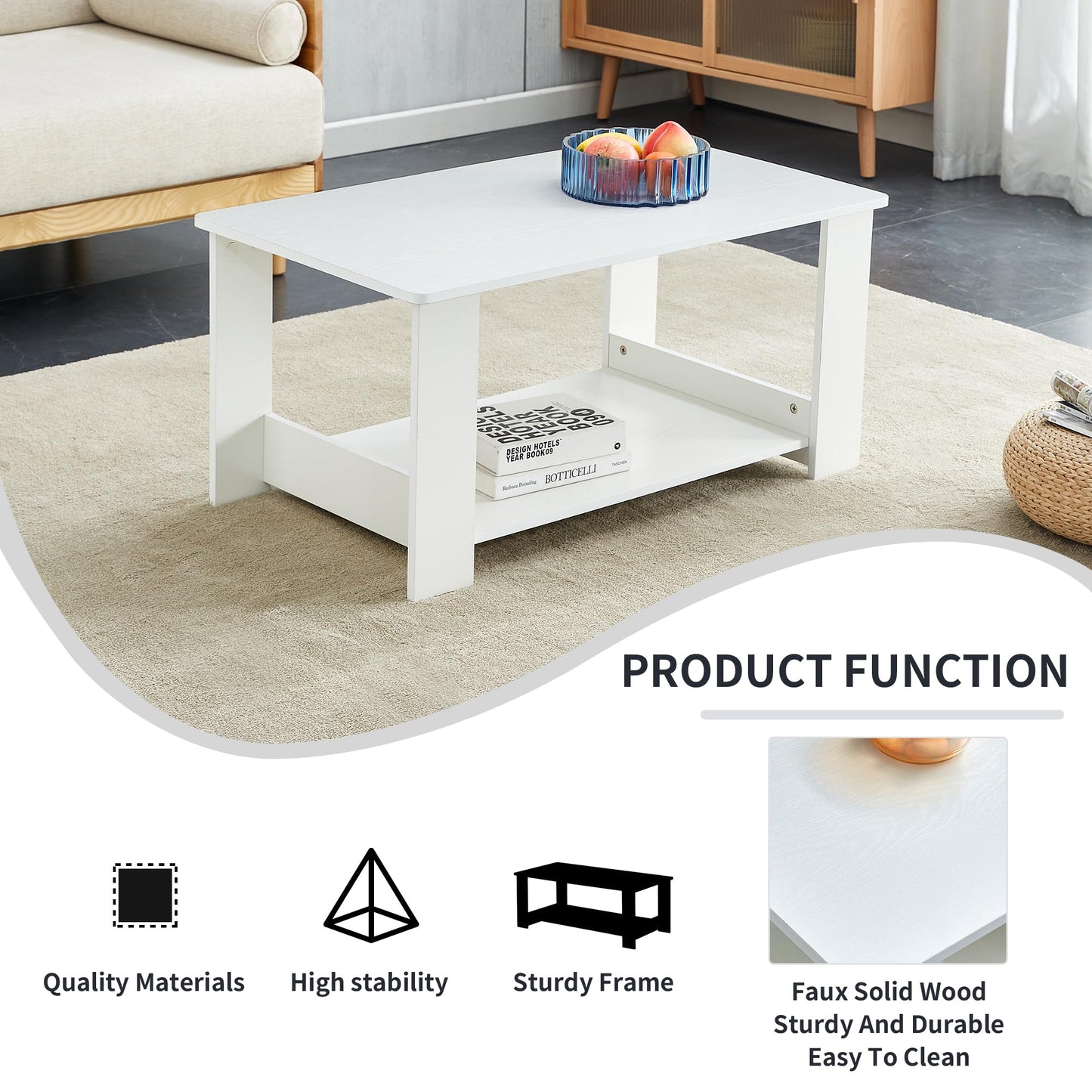 KELESY Modern White Coffee Table | Double-Layered MDF Center Table for Living Room, Bedroom & Study | Rustic, Farmhouse & Industrial Styles | 10-15 Minute Assembly