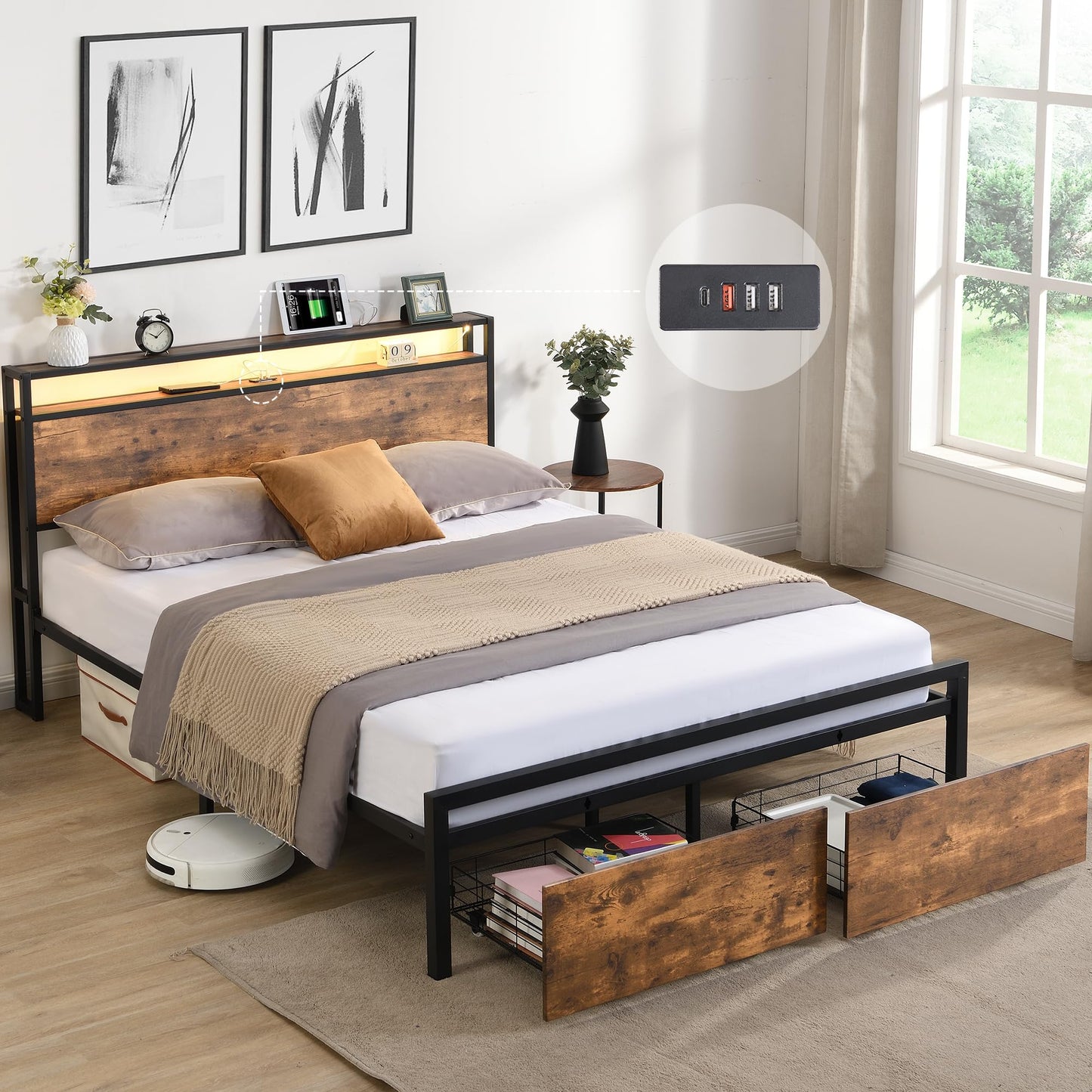 KELESY Bed Frame with Storage Headboard and 2 Drawers & Charging Station, Metal Platform Bed No Noise, Mattress Foundation Strong Metal Slats Support No Box Spring Needed