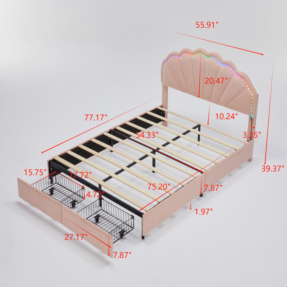 Full Size Upholstered Smart LED Bed Frame with 2 Storage Drawers and Chic Double Petal Headboard , Princess Platform Bed for Girls, No Box Spring Needed
