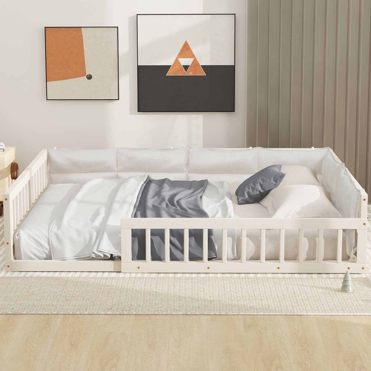Full Size Floor Bed with Guardrail, Full Upholstered Platform Bed Frame for Kids, Boys Girls, Slats Included, No Box Spring Needed, Easy Assemble