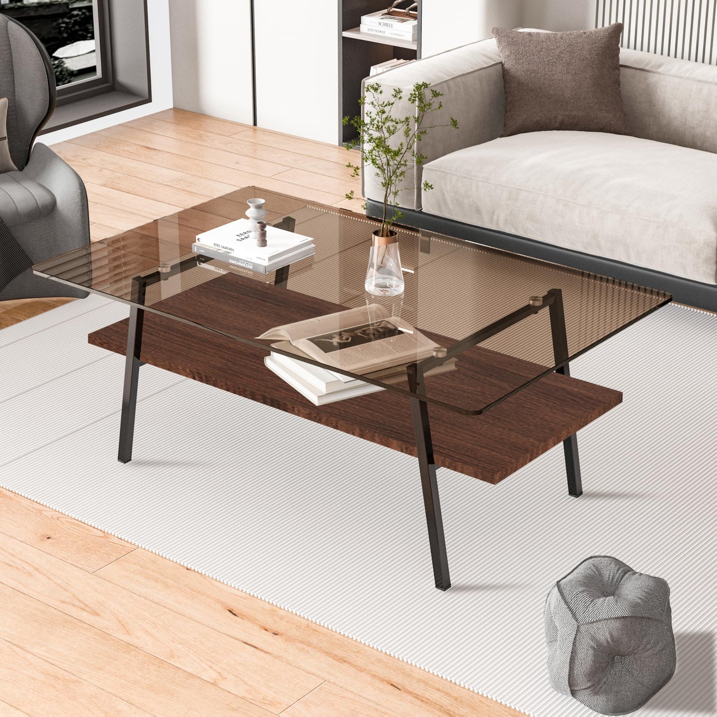 KELESY Modern Rectangle Coffee Table with Tempered Glass Top and Metal Legs - Stylish Living Room Tables for Elegance