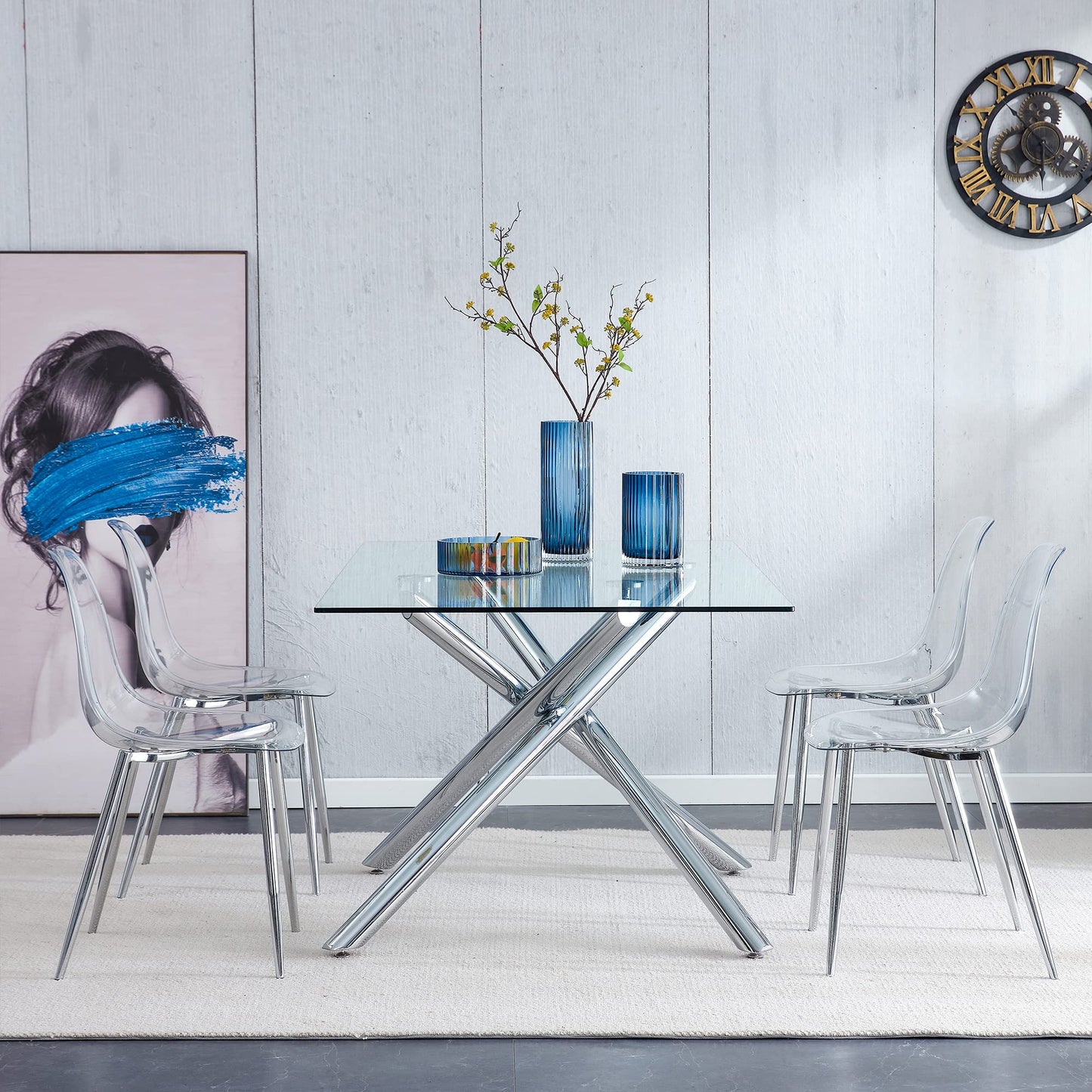 KELESY Modern Minimalist Transparent Dining Chair, Plastic Chair, Armless Crystal Chair, Nordic Creative Makeup Stool, Negotiation Chair, Silver Plated Metal Leg 6-Piece Set