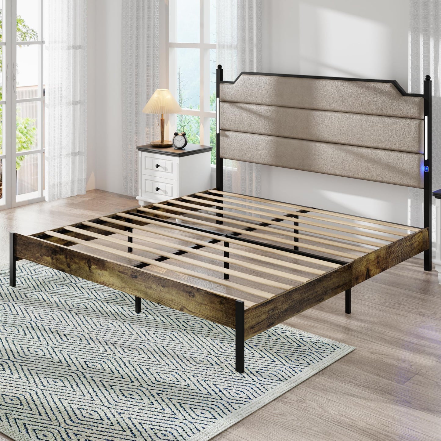 KELESY Bed Frame with Upholstered Headboard, Queen Bed Frame with Charging Station, Wood Slats, Easy Assembly,No Box Spring Needed,Industrial Brown