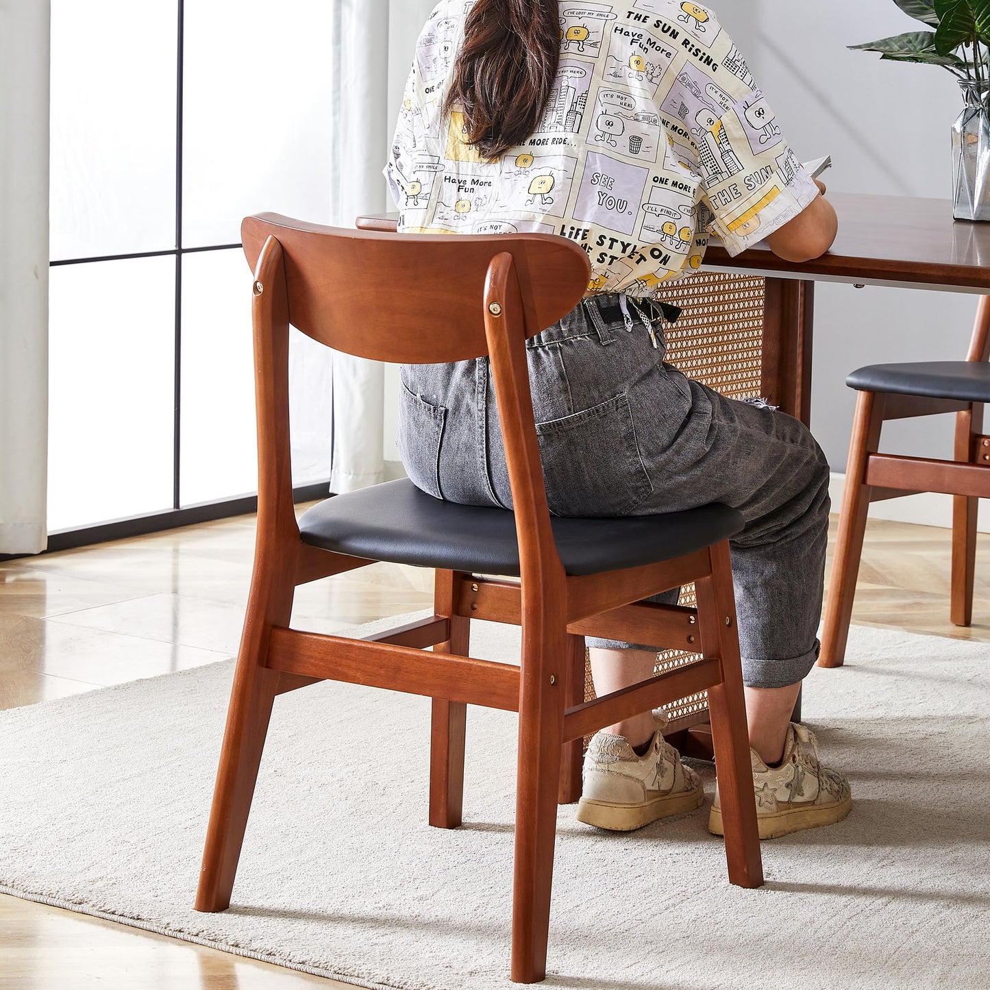 KELESY 2PCS The Stylish and Durable Solid Wood Dining Chair, Small Curved Back, PU Cushion, and Beautiful Shape Match Perfectly with Any Room and Everyday Use