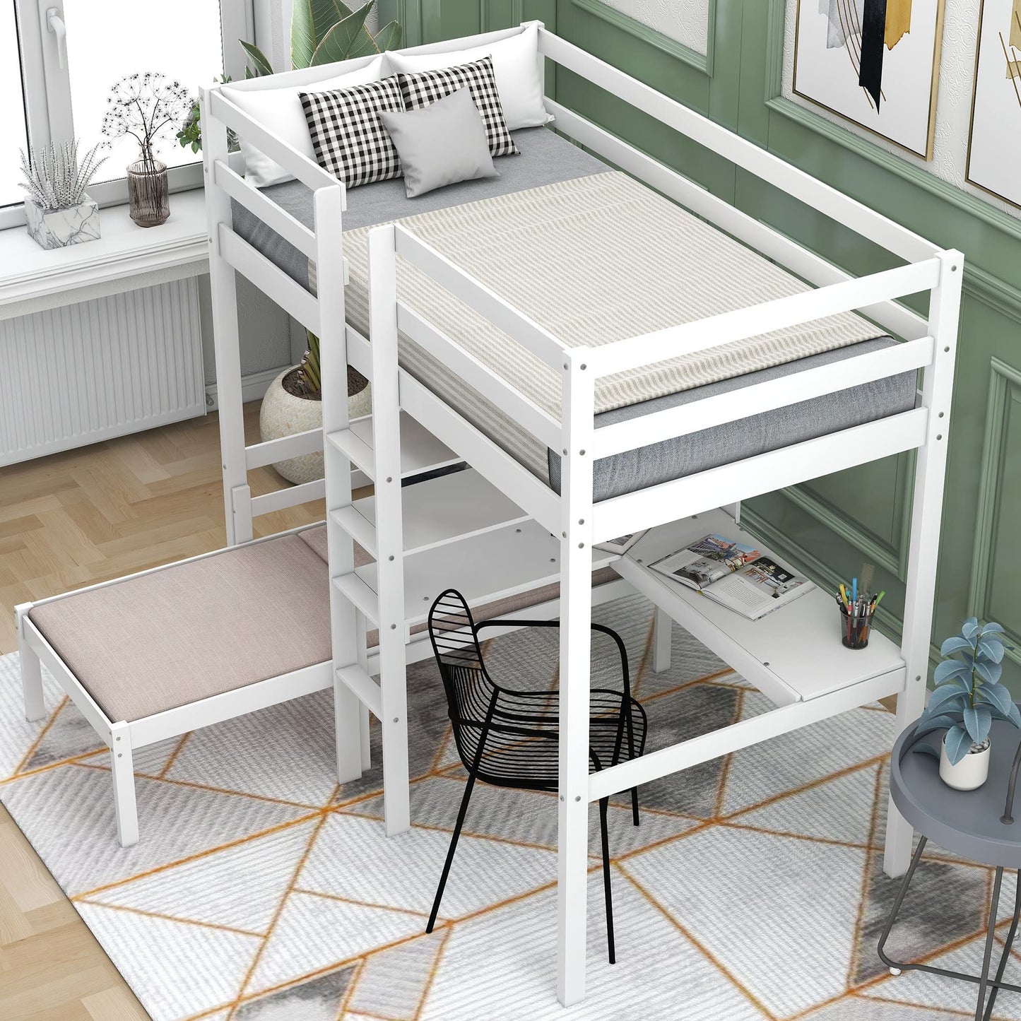 KELESY Convertible Loft Bed with L-Shape Desk, Twin Bunk Bed with Shelves and Ladder, White