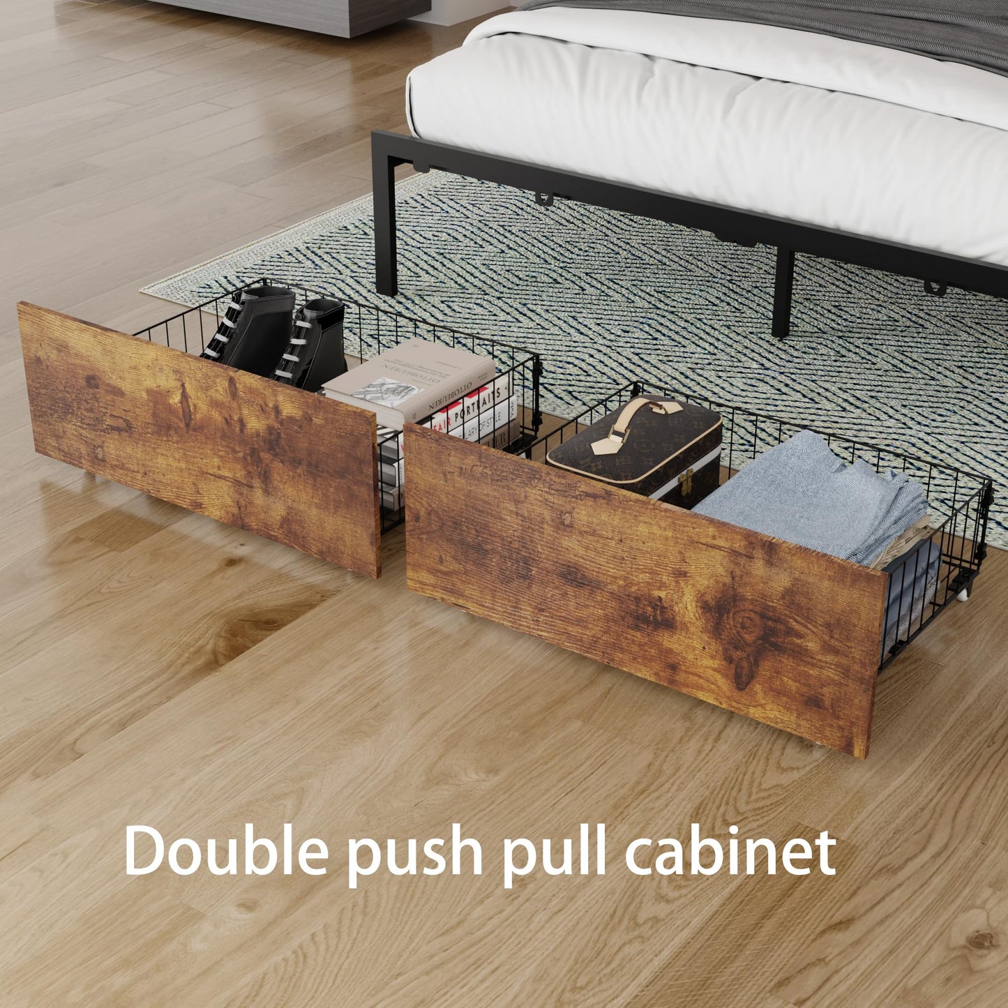 KELESY Bed Frame with 2 Storage Drawers, Upholstered Queen/King Bed Frame with Charging Station, No Box Spring Needed, Easy Assembly, Vintage Dark Brown