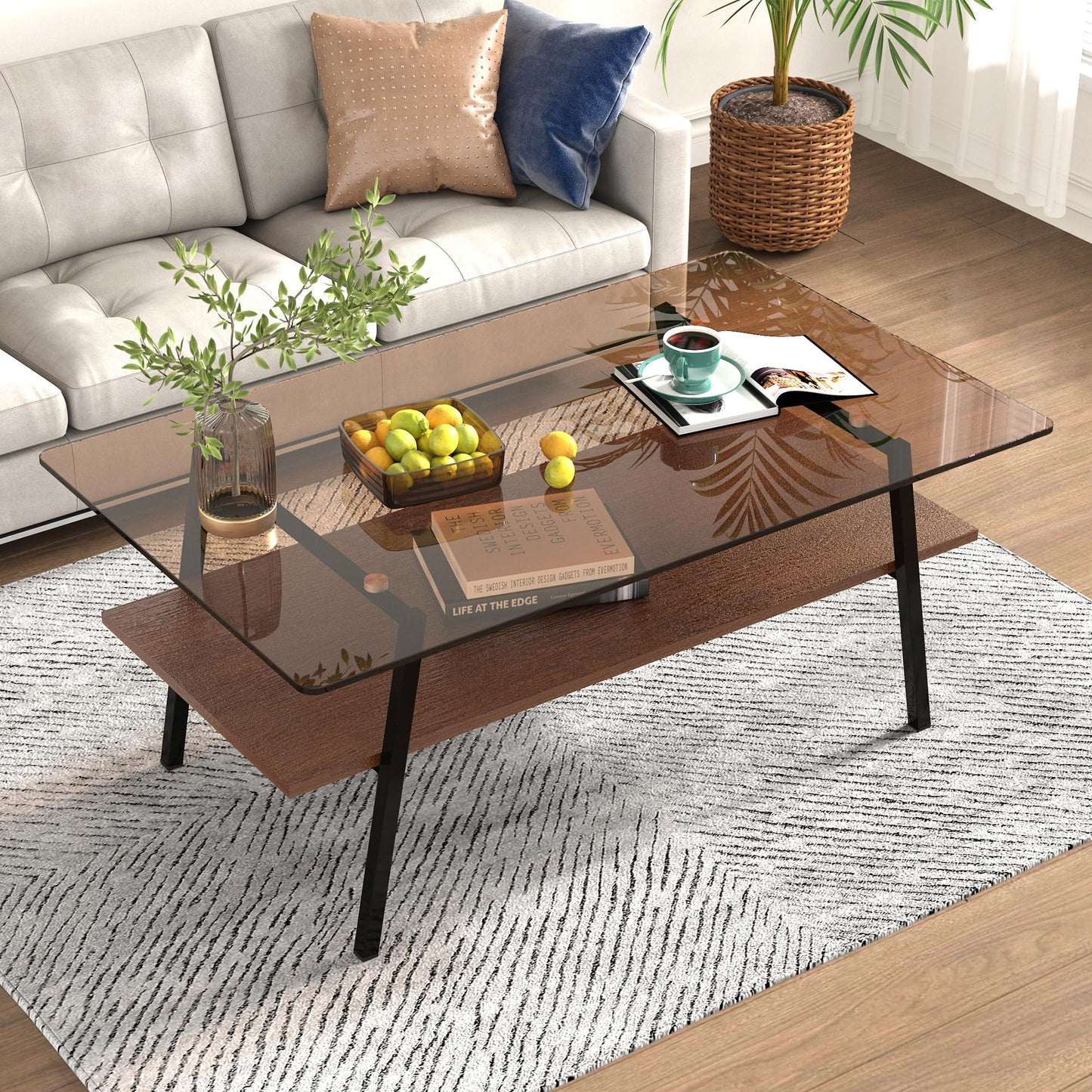 KELESY Modern Rectangle Coffee Table with Tempered Glass Top and Metal Legs - Stylish Living Room Tables for Elegance