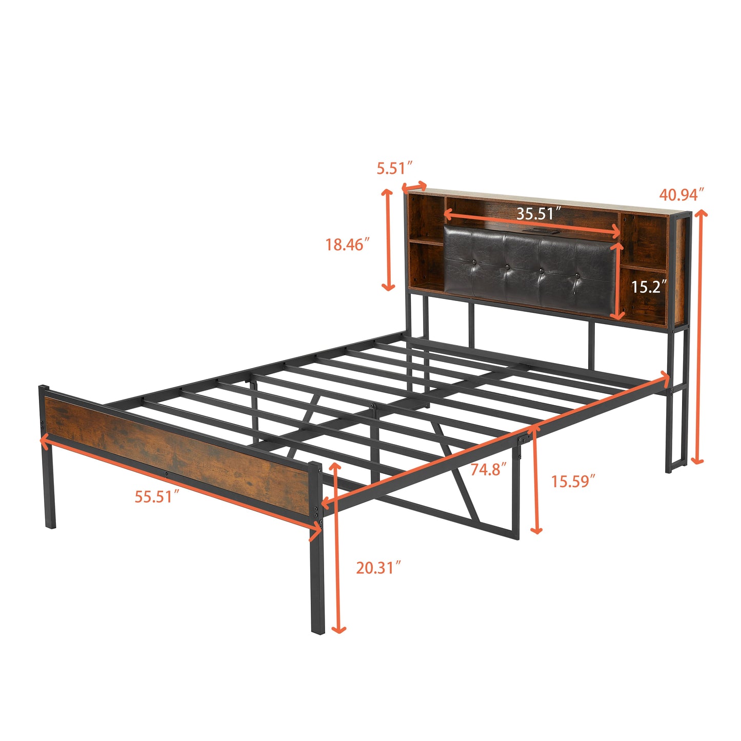 Bed Frame with Storage Headboard/USB Charging Station,Metal Platform Bed Frame Full Size No Box Spring Needed,Noise-Free,Strong Steel Slats Support