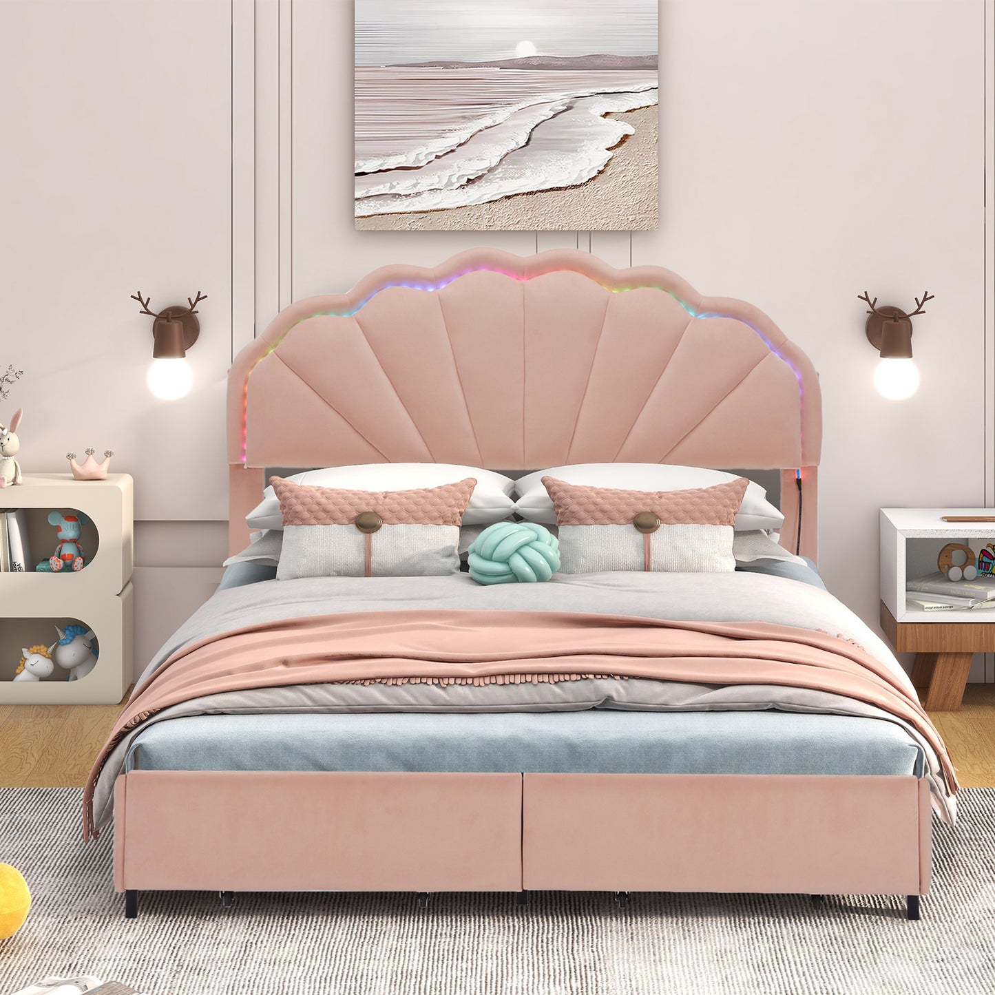 Full Size Upholstered Smart LED Bed Frame with 2 Storage Drawers and Chic Double Petal Headboard , Princess Platform Bed for Girls, No Box Spring Needed