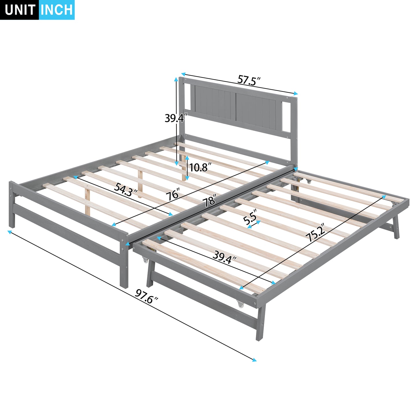 Full Size Wood Platform Bed with Adjustable Trundle and Headboard, Strong Wood Slat Support, Trundle Platform Bed, No Spring Box Needed