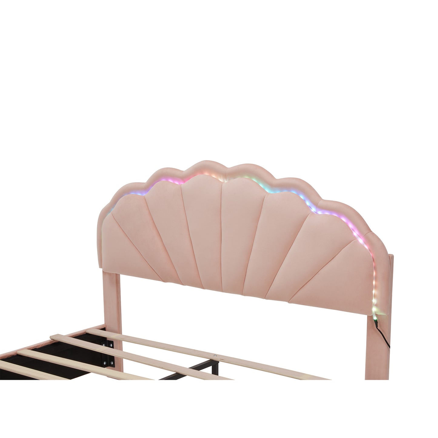 Full Size Upholstered Smart LED Bed Frame with 2 Storage Drawers and Chic Double Petal Headboard , Princess Platform Bed for Girls, No Box Spring Needed