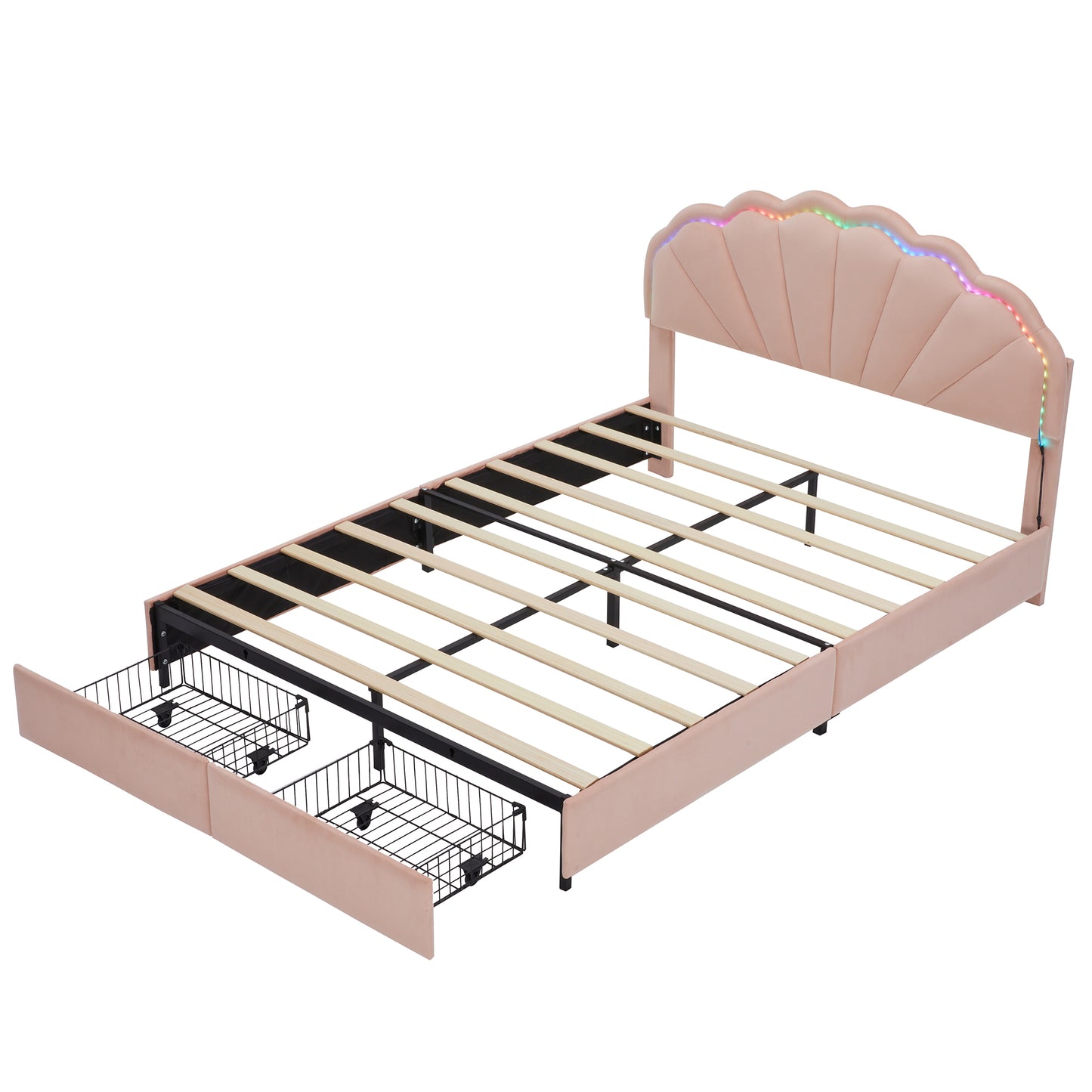 Full Size Upholstered Smart LED Bed Frame with 2 Storage Drawers and Chic Double Petal Headboard , Princess Platform Bed for Girls, No Box Spring Needed