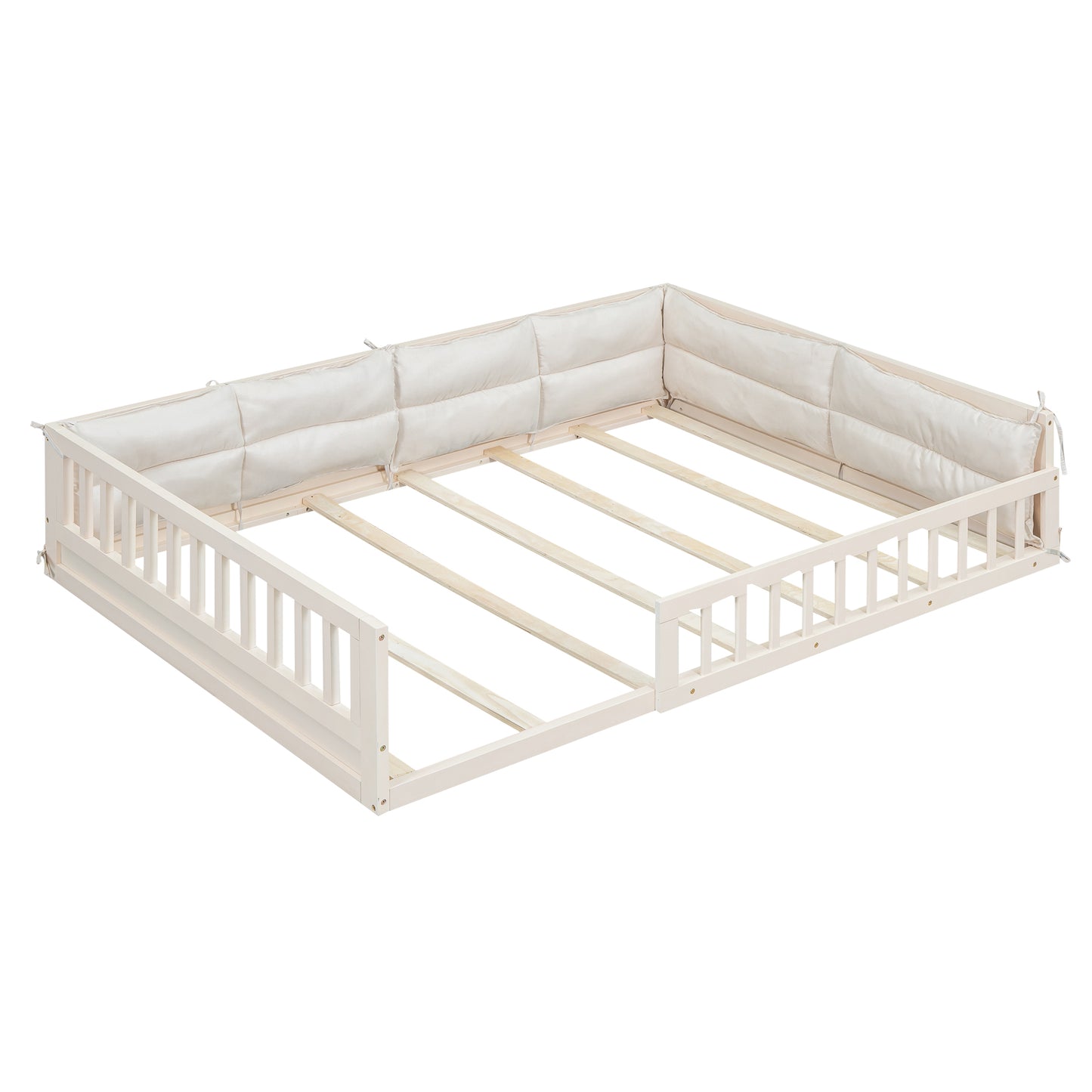 Full Size Floor Bed with Guardrail, Full Upholstered Platform Bed Frame for Kids, Boys Girls, Slats Included, No Box Spring Needed, Easy Assemble